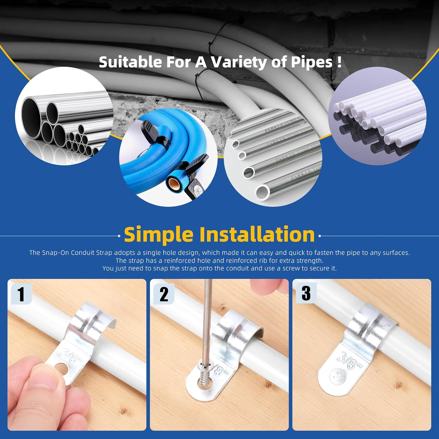 Glarks 20Pcs 1-1/2&rsquo;&rsquo; One Hole Pipe Straps Kit, Zinc Plated Steel EMT Pipe Straps with 1 Hole, EMT Conduit Clamp Single Hole Pipe Clamp for EMT Conduit Pipe Fixing image number 4