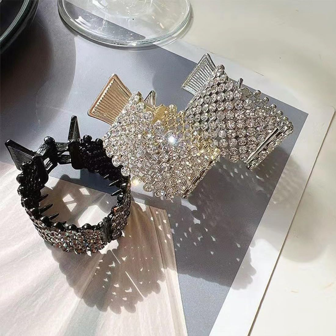 ZEPIQOR Pack of 3 Women'S Hair Clips Metal Rhinestone Hair Clips Holder High Ponytail Non-Slip Fashionable for Thick Thin Hair (Gold, Silver, Black) image number 4