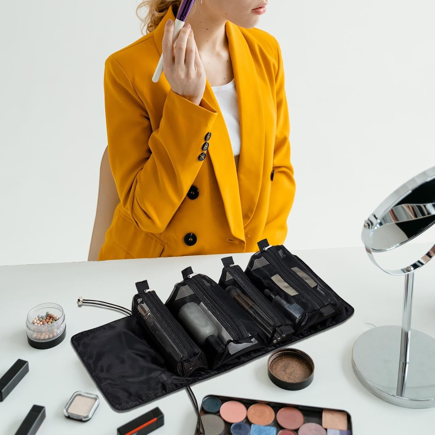 Roll up Cosmetic Bag - 53X22X5Cm Black Compact Travel Organizer Case, Cosmetic Storage, Foldable Toiletry Pouch, Portable Vanity Kit | Make up for Women Travel Holiday Use Quo, Black, Se R&eacute;f&eacute;rer Au - Black image number 6