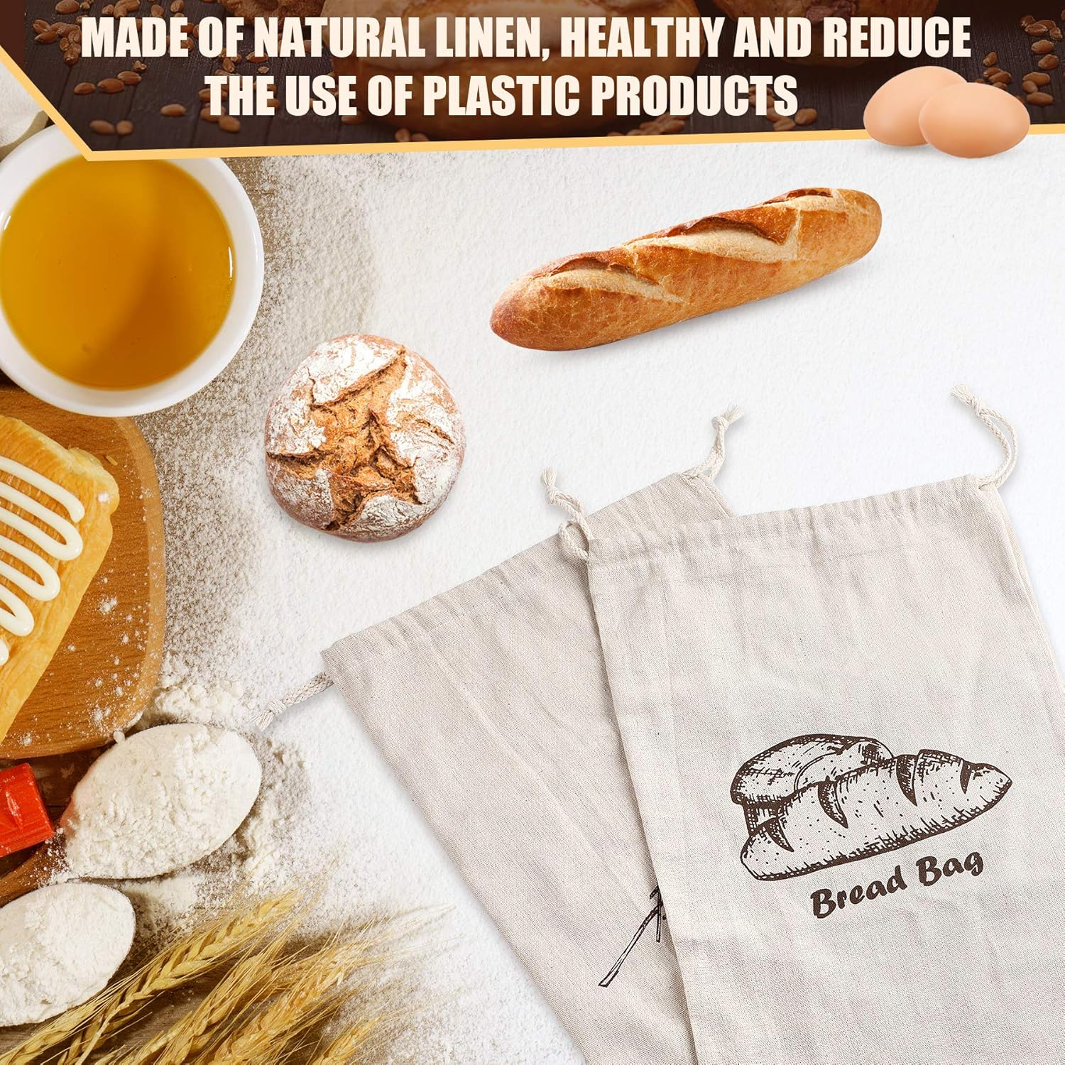 Linen Bread Bags for Homemade Bread, 4 Pcs 17.5 X11.5 Inches Unbleached & Reusable Bread Storage, Natural Large Storage for Artisan Bread image number 2