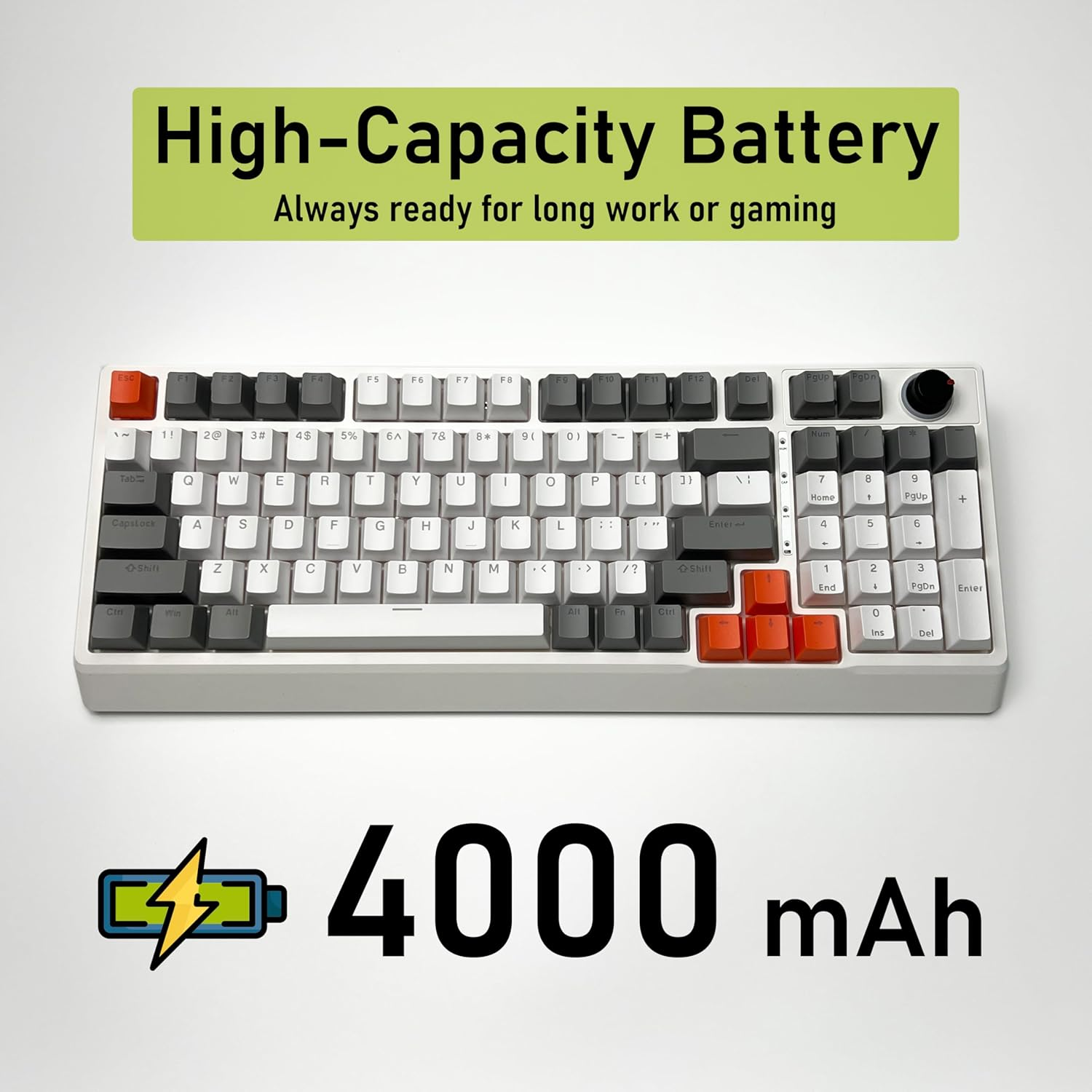 K41 98 Keys Mechanical Keyboard with Knob, Gaming Keyboard, 2.4Ghz/Bluetooth/Type-C, 4000Mah Battery, QWERTZ RGB Compatible with Windows/Mac (Red Switch, White & Gray) image number 5