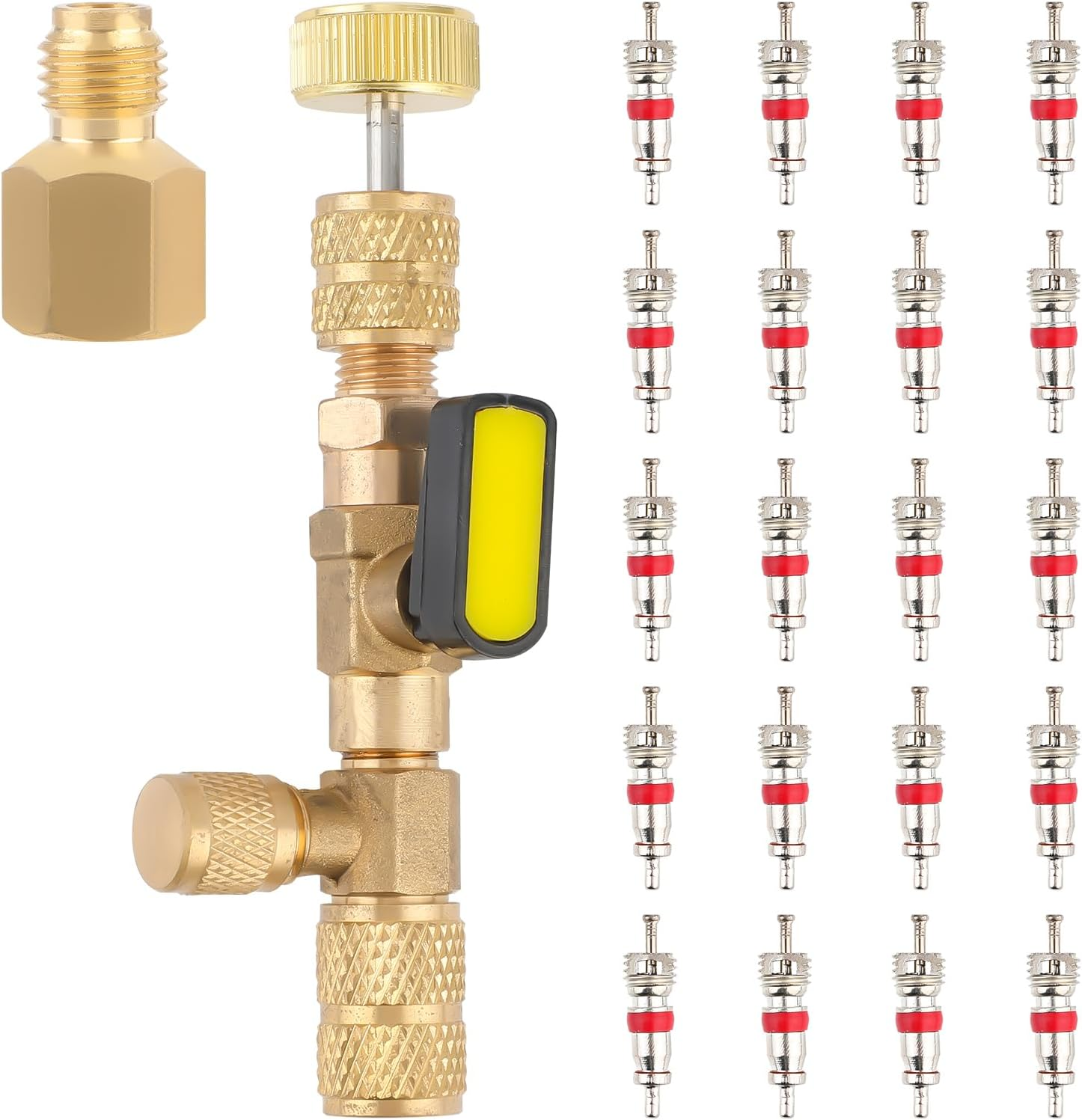 Gosknor Valve Core Remover Installer Tool, with Dual Size SAE 1/4 and 5/16 Port Brass Adapter Schrader Valve Tool HVAC Valve Core Removal Tool with 20Pcs Valve Cores for R22 R410A Refrigerant Systems