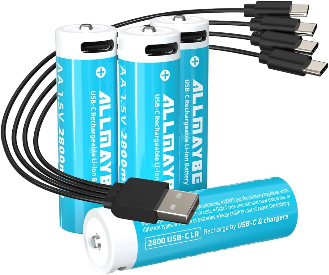 4-Pack Rechargeable 1.5V Lithium AA 2800Mah Batteries,Over 1200 Cycles,4-In-1 USB-A to USB-C Charging Cable image number 6