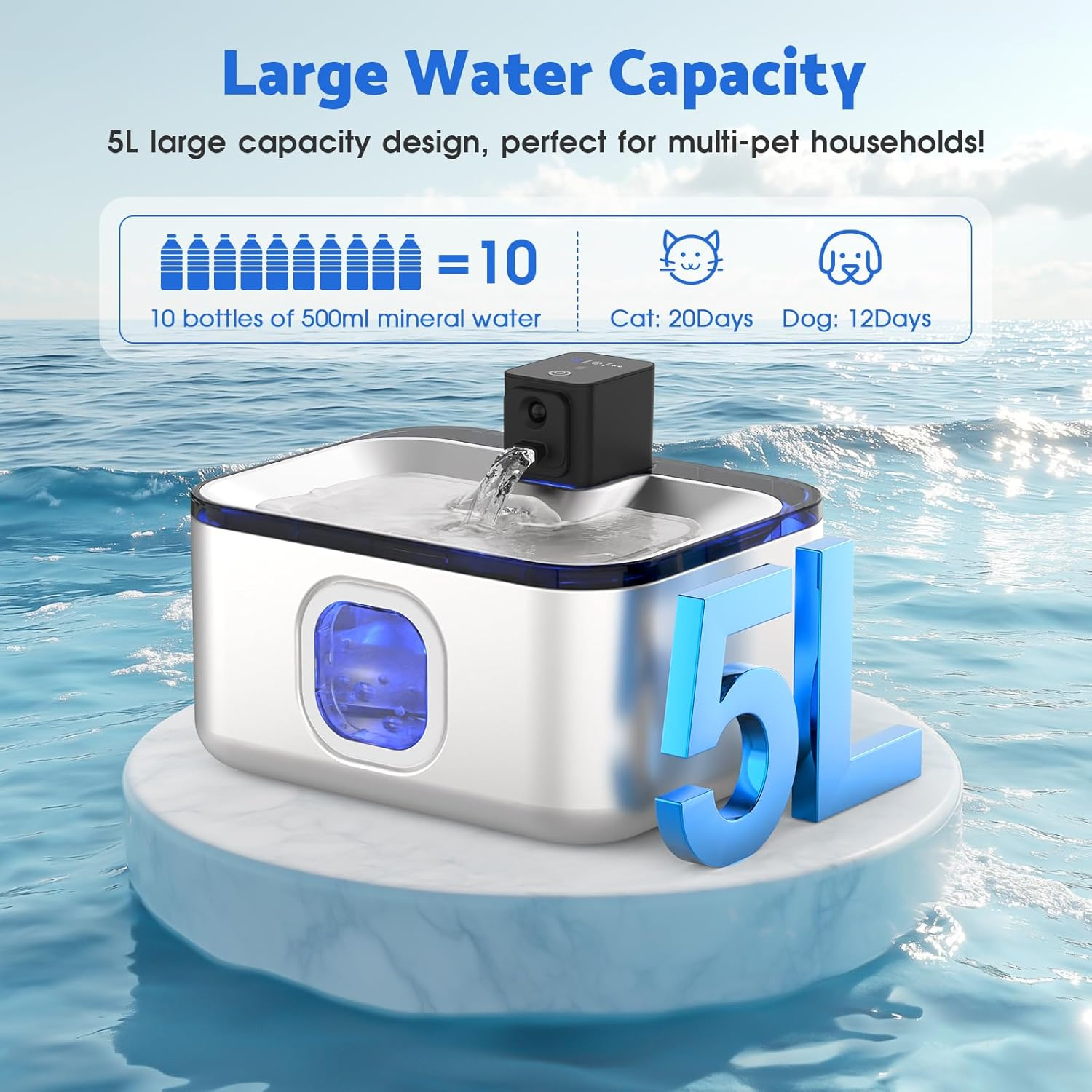 Advwin 5L/169Oz Wireless Stainless Steel Cat Water Fountain, 4000Mah Battery Operated Rechargeable Pet Dog Water Dispenser Indoor, Automatic Pet Drinking Water Bowls with Motion Sensor & Quiet Pump image number 5