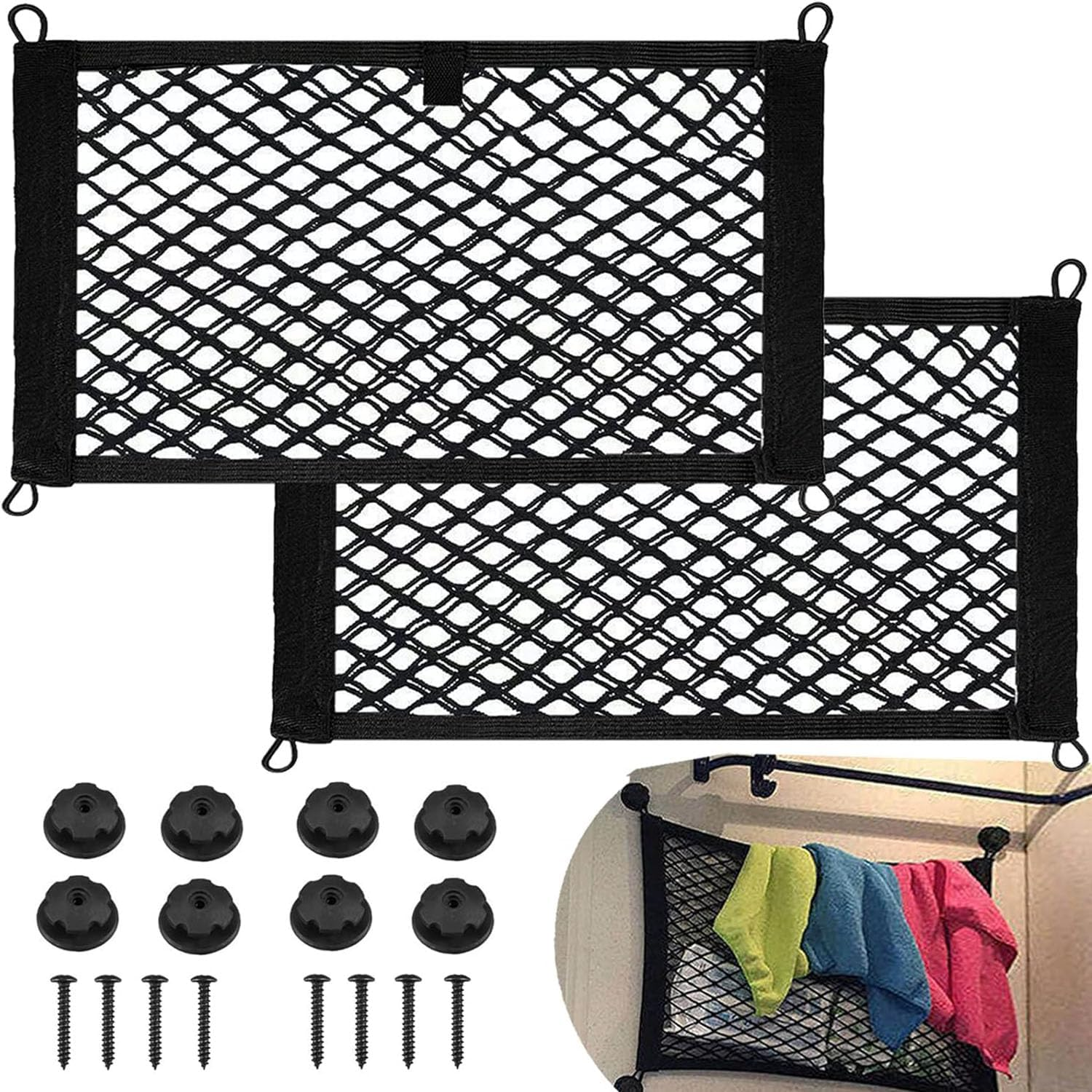 2 Pack Large Cargo Net for Trunk, Storage Mesh Net for Trunk RV Boats Home Storage Stretchable Mesh Pocket Net with 8 Mounting Screws and Hooks (18 X 9.8 Inches) image number 1