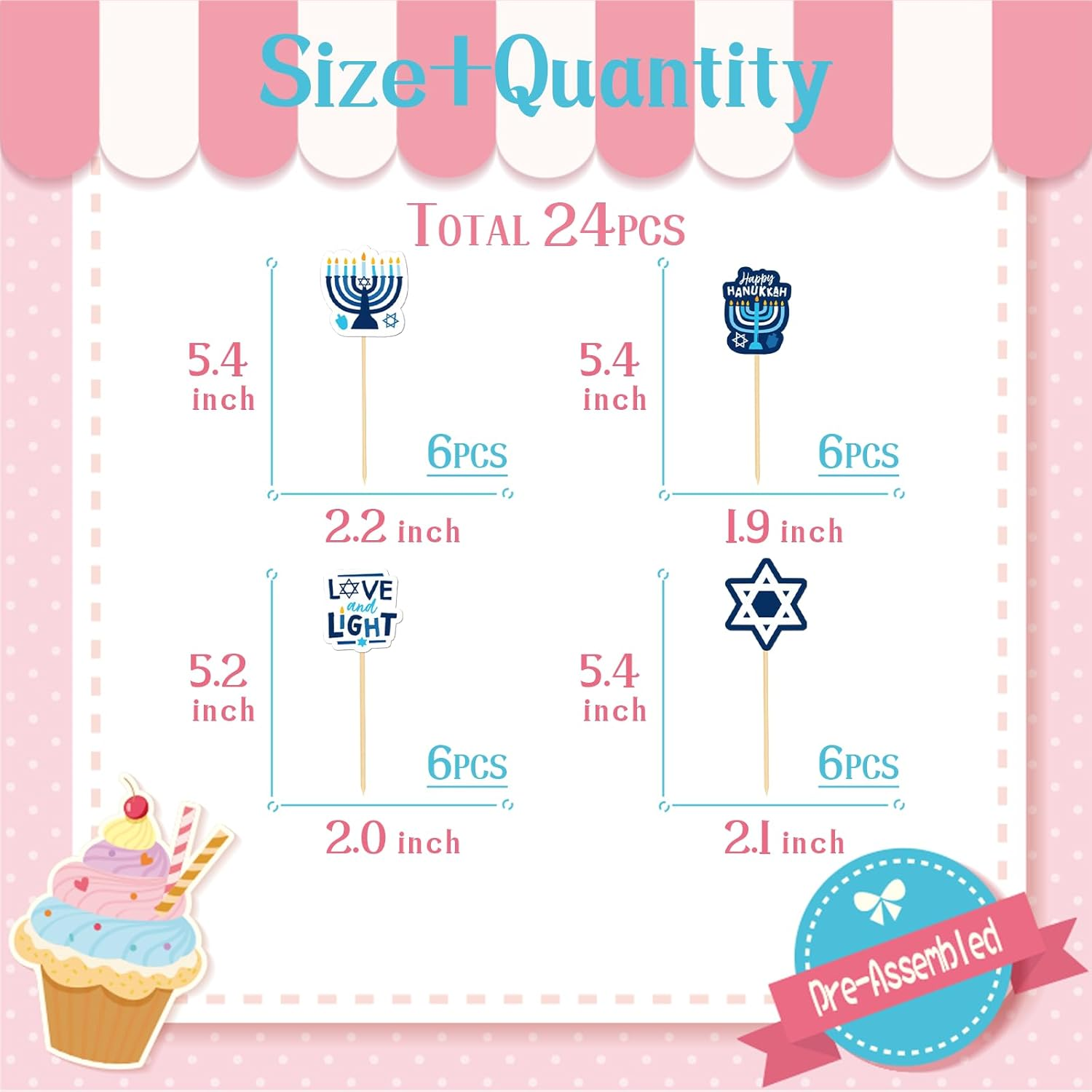 24Pcs Hanukkah Cupcake Toppers for Hanukkah Party Decorations Candlestick Hexagram Cake Decor for Chanukkah Theme Party Supplies