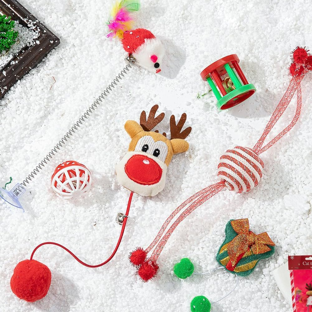 Christmas Cat Toy Interactive Cat Toy Kitten Toy for Indoor Aid Cat Feather Toy Wall Toy Stocking Gifts Set Kitten Chew Game Toy (6 Pieces A)