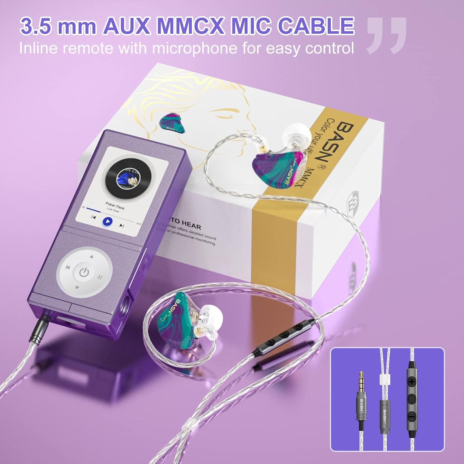 BASN MMCX Triple Driver In-Ear Monitors with Rich Bass, Hifi Stereo IEM Earphones with Upgraded Detachable Cables for Audiophiles Musicians(Purple Aurora) image number 3
