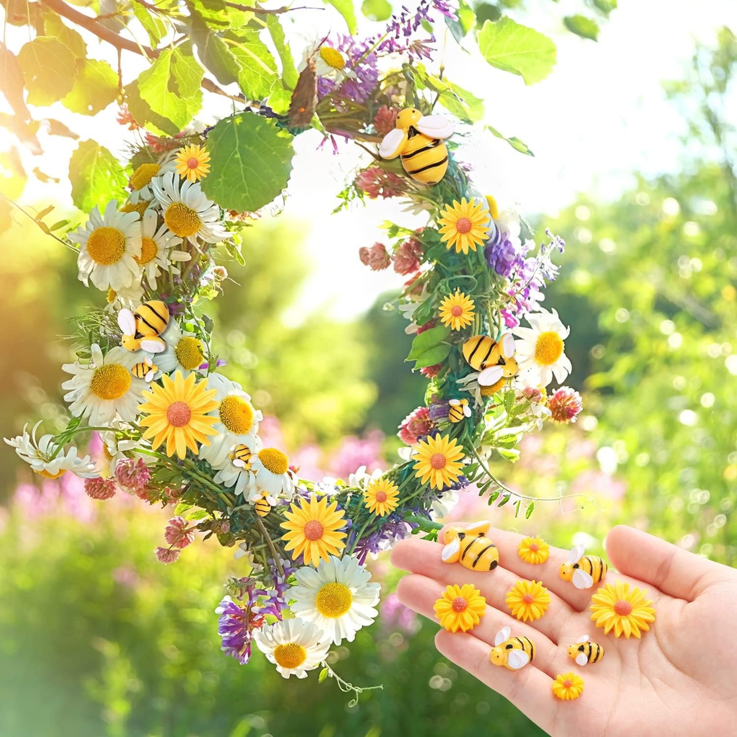 CCOZN 80 Pieces Tiny Resin Bees Daisy Flowers, Flatback Daisy Flowers Bumble Bees Embellishment Bee Decors with Box DIY Wreath Cake Decorations Flowers Bee for Crafts Two Groovy Party Decor image number 2