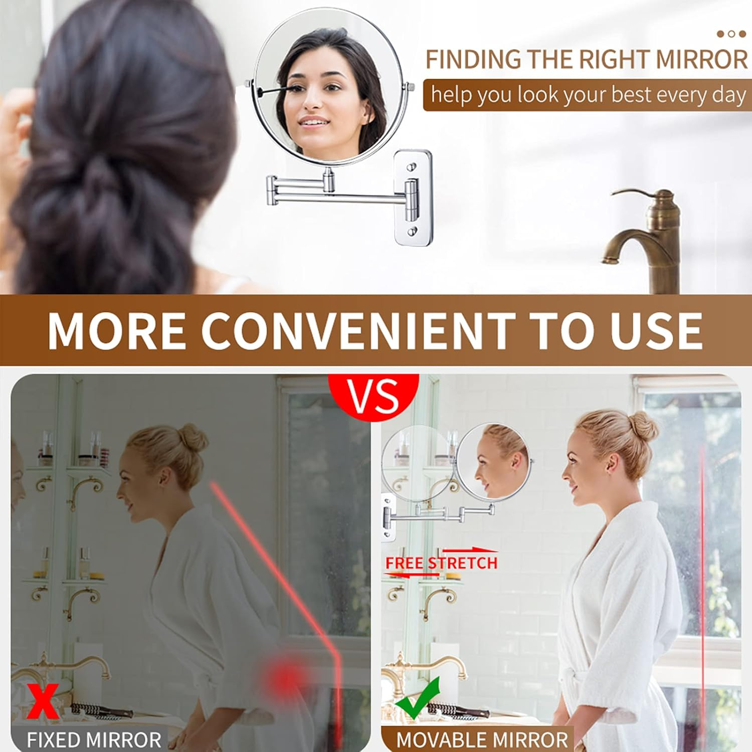 8" Wall Mounted Makeup Mirror with Magnification, Double Sided Magnifying Mirror, Extendable Cosmetic Vanity Mirror for Bathroom,Chrome,7X image number 2