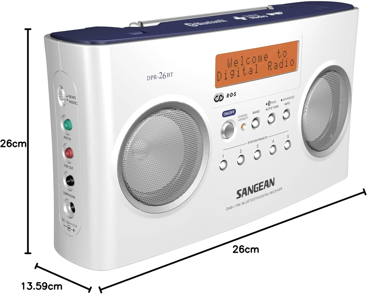 Sangean DPR-26BT Portable DAB+ Digital Radio (FM Tuner, Bluetooth, Aux-In) White image number 1