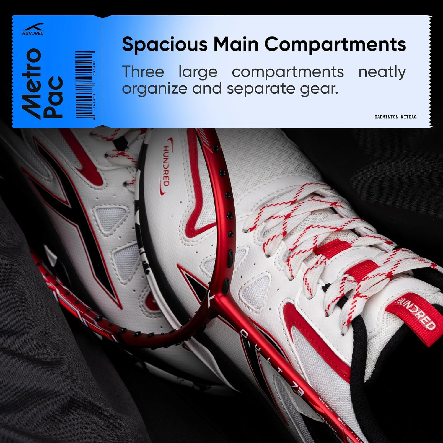 HUNDRED Metro Pack Badminton Kit-Bag (Navy, Large) | Unisex | Material: Polyester | 3 Spacious Compartments | Double Zipper Closure - Navy image number 2