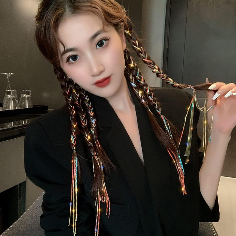 2Pcs Bling Bling Rhinestones Head Chain Hairpin Hair Clip Headdress Jewelry Luxury Long Tassel Bride Ornaments Girls Hair Accessories (Colorful Six Rows) image number 5