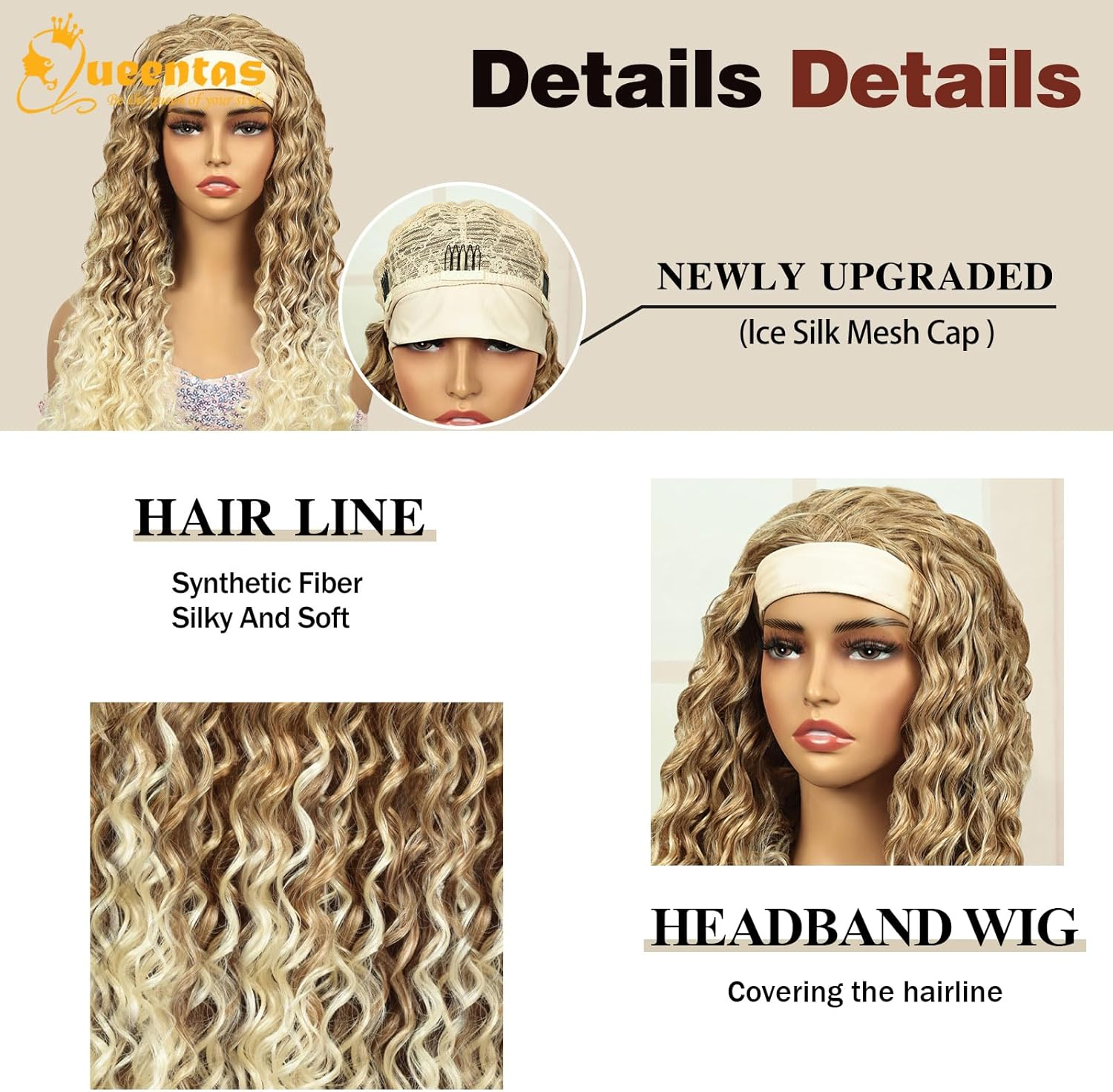 QUEENTAS Headband Wigs for Women Blonde Deep Wave Headband Wig Curly Glueless Hair Wigs Machine Made No Lace Deep Curly Headband Wig