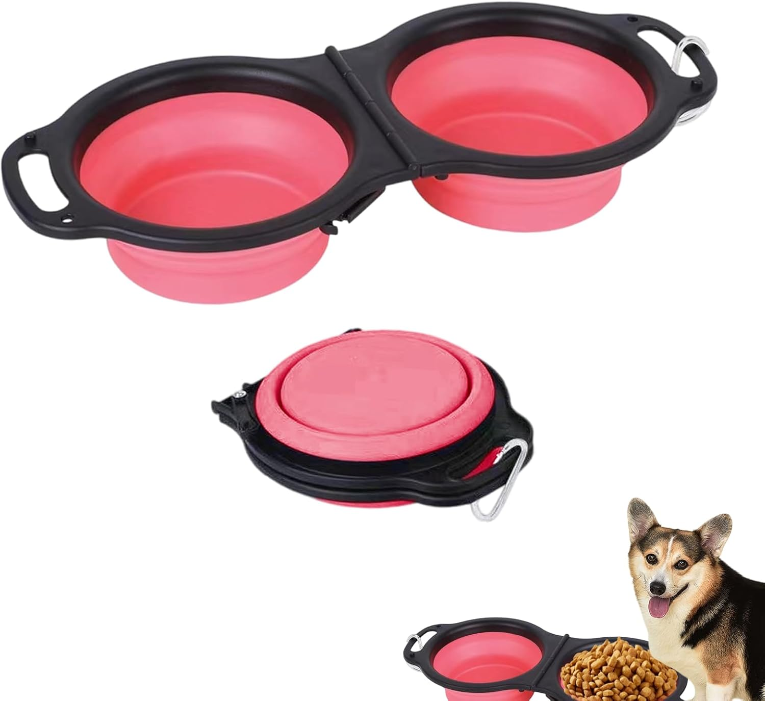 Collapsible Dog Food Water Bowl, 2 in 1 Silicone Double Bowl, Portable Travel Pet Feeder Bowl, Expandable Pets Bowl with Carabiner for Walking, Traveling, Hiking, Camping (Pink, Size-1)