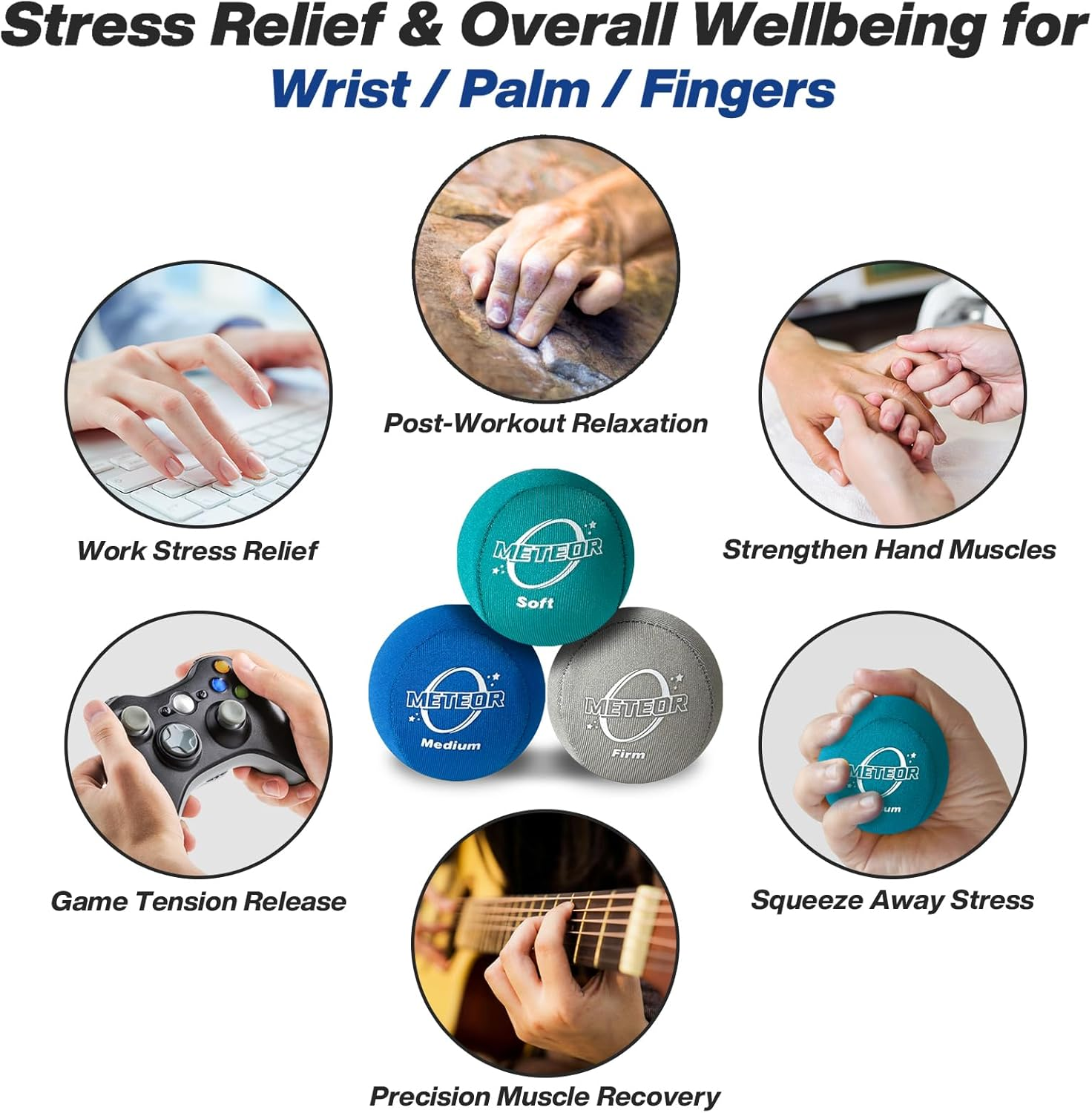 METEOR Stress Ball Set of 3 &ndash; Soft, Medium, Hard &ndash; Hand Grip Ball, Stress Relief, Hand Therapy, and Grip Strengthening image number 1