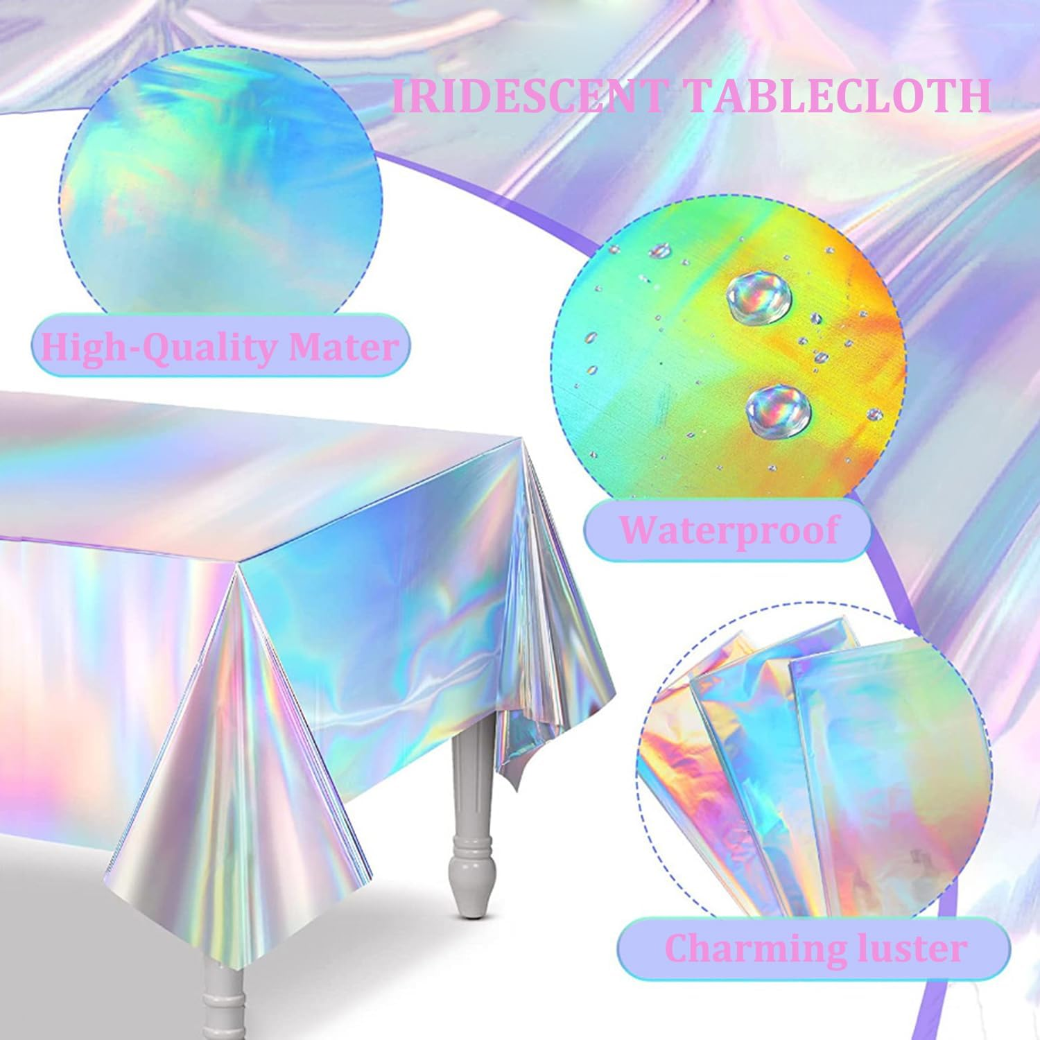 5 Pack Iridescence Plastic Tablecloths Holographic Foil Rectangle Table Covers Birthday Bachelorette Bridal Wedding Iridescent Party Decorations 54" X 108" (5, Multicolor, Large) image number 3