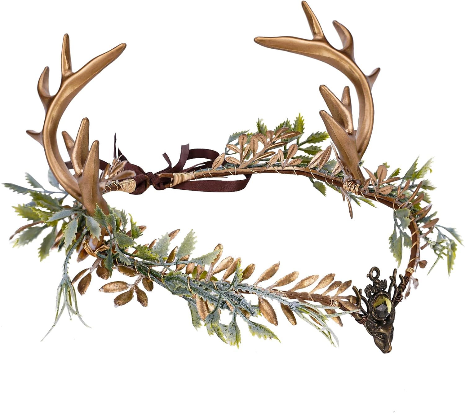 MOSTORY Handmade Golden Forest Antler Crown - Forest Flower Headband Elf Headpiece Fairy Flower Circlet for Women Girls Renaissance Fair Christmas Wedding Cosplay Photo Shoot