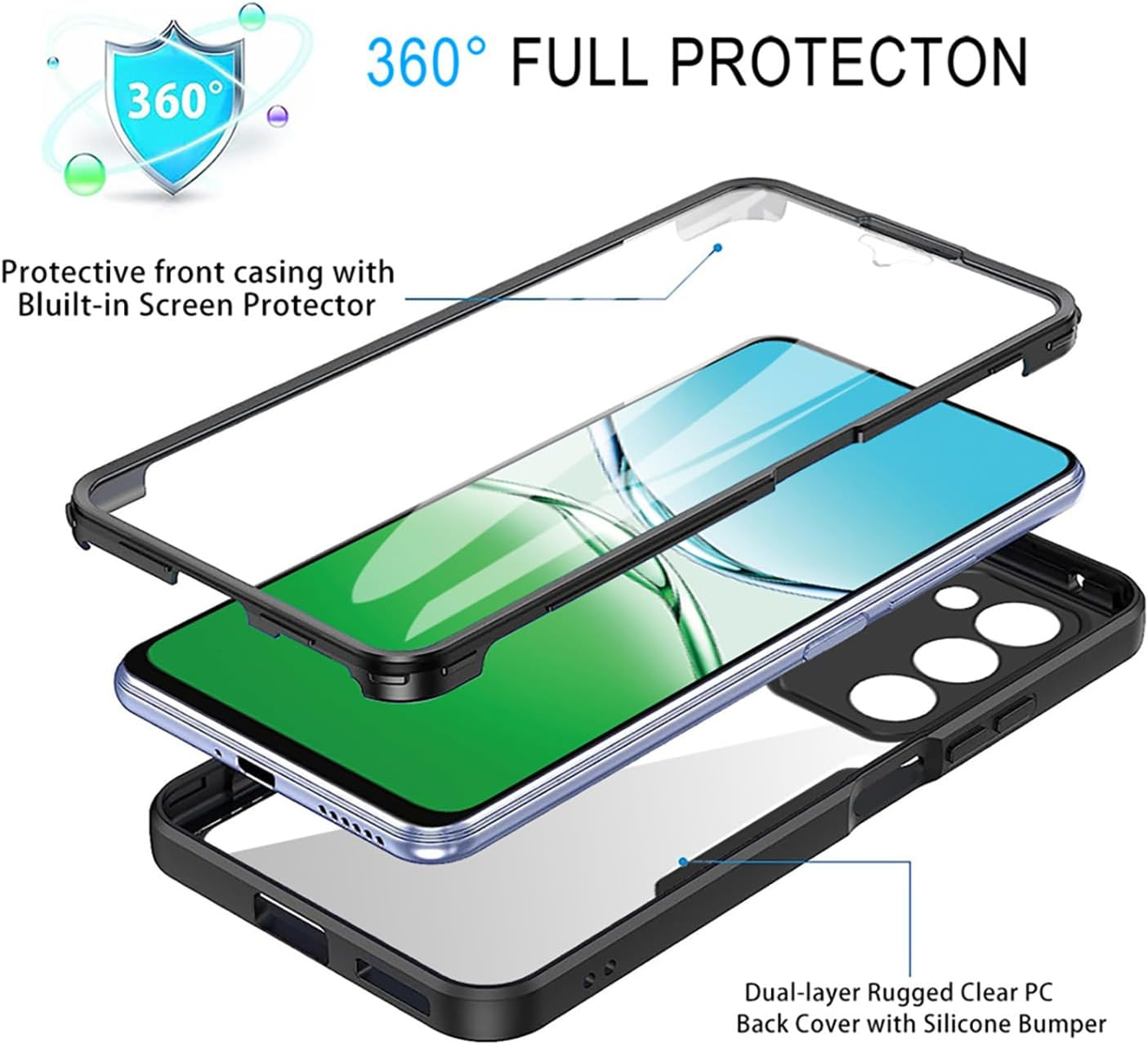 ILING Transparent Case for Oppo A5M / Oppo A5 5G/4G, 360 Degree Full Body Shockproof Protective Case with Built-In Screen Protector, Ultra Thin Hard PC Silicone TPU Mobile Phone Case (Black) - Pink image number 7