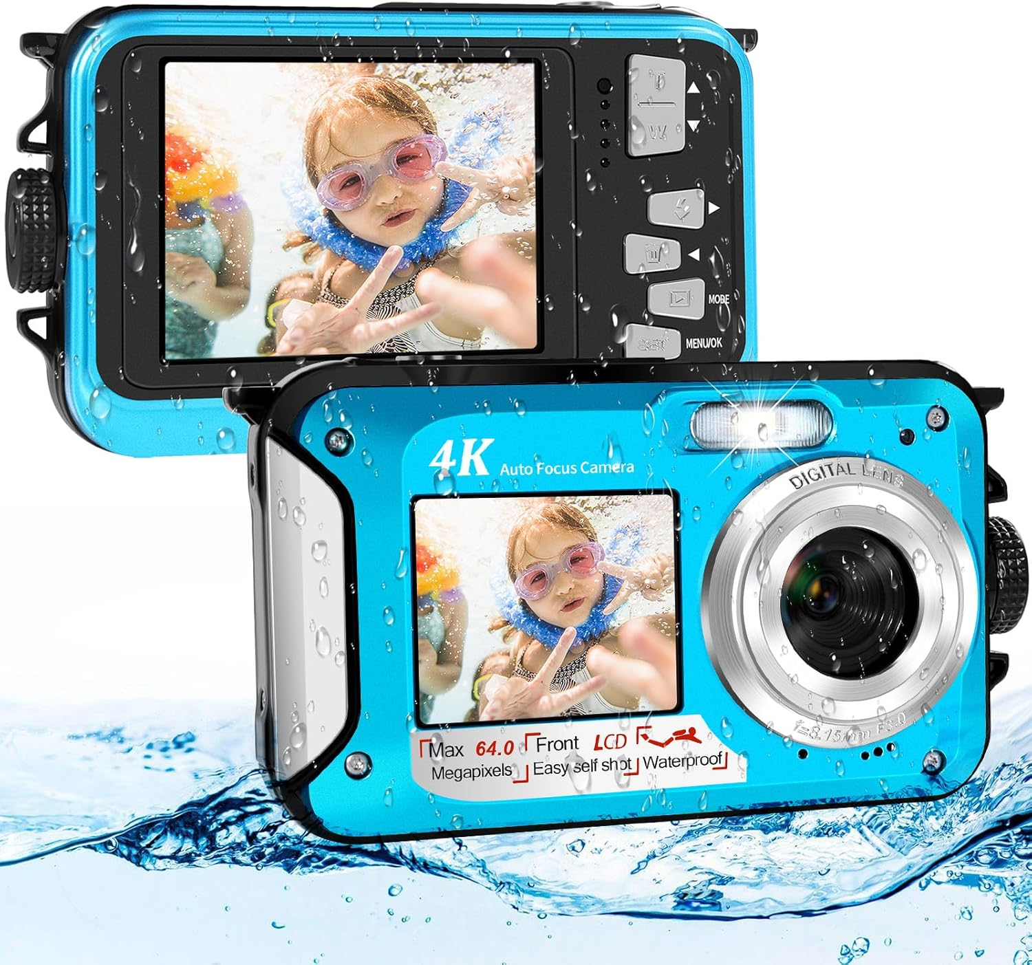 64MP Underwater Camera with 64GB Memory Card, 4K Waterproof Camera with Autofocus and Selfie Dual Screens, 5 Meter Waterproof Digital Camera, Kids Underwater Camera for Snorkeling (2 Batteries) image number 5