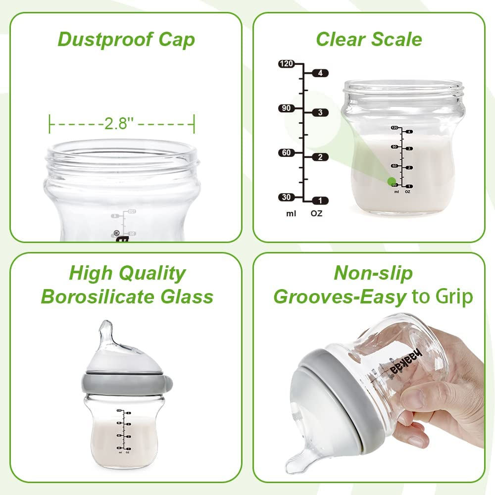 Haakaa Gen.3 Glass Baby Bottle 300Ml, with Anti-Colic Valve, Fast Flow, Mimic Breastfeeding, Temprature Resistant (Grey) - Grey image number 6