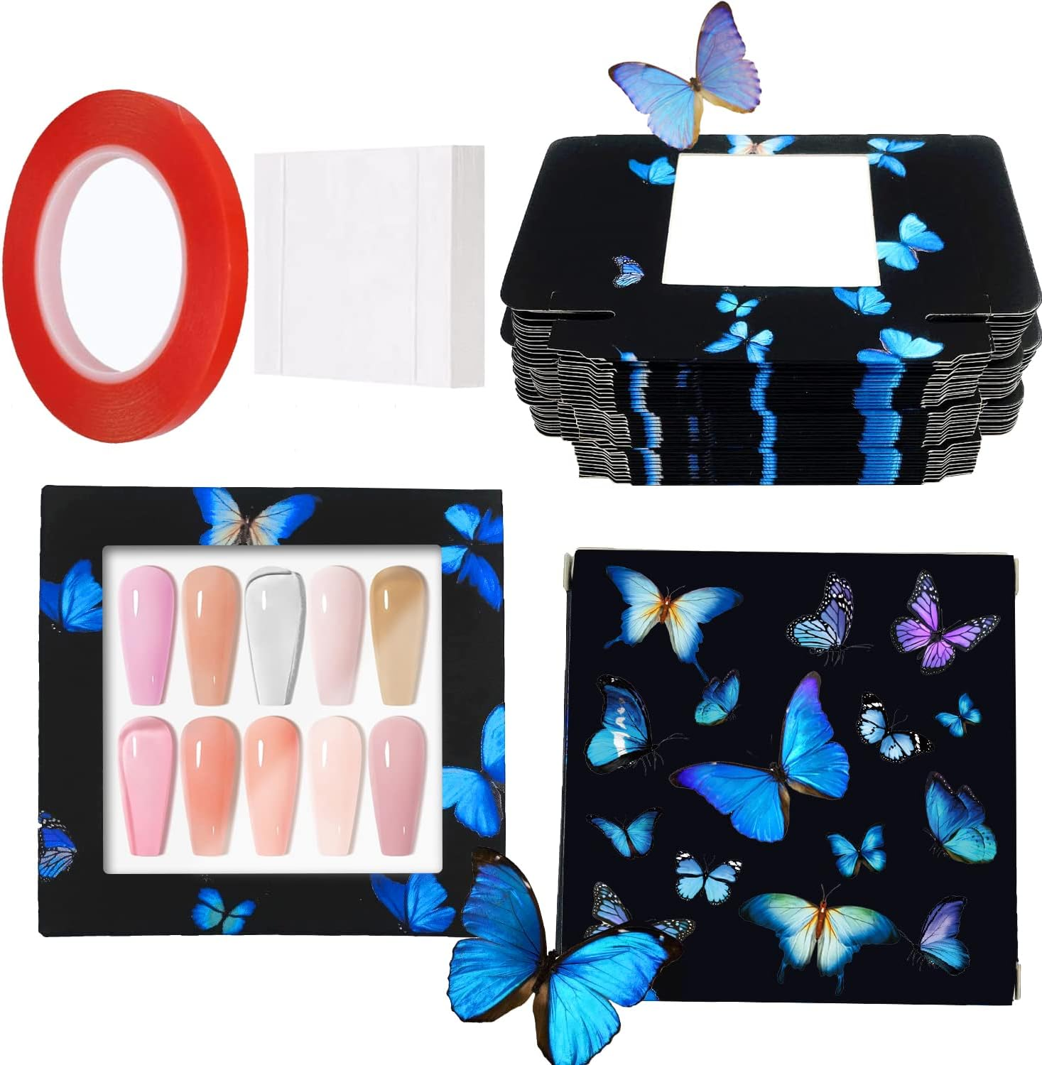 HLQHXWHZT 71 Pcs Empty Press on Nails Packaging Box 35 Pcs White Background Papers and 1 Double Sided Tape, Empty Nail Package Box Set for Press on Nail Business (White)&hellip;