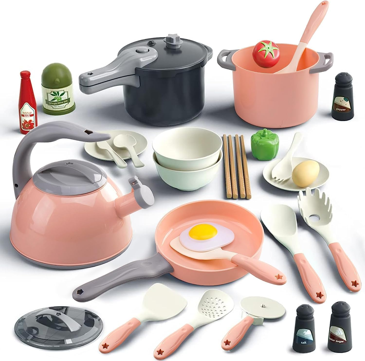32Pcs Kids Kitchen Toy Accessories, Toddler Pretend Cooking Playset with Play Pots and Pans, Utensils Cookware Toys, Play Food Set, Canned Toy Vegetables,Toddlers Boys Girls Birthday Gift（Pink) image number 3