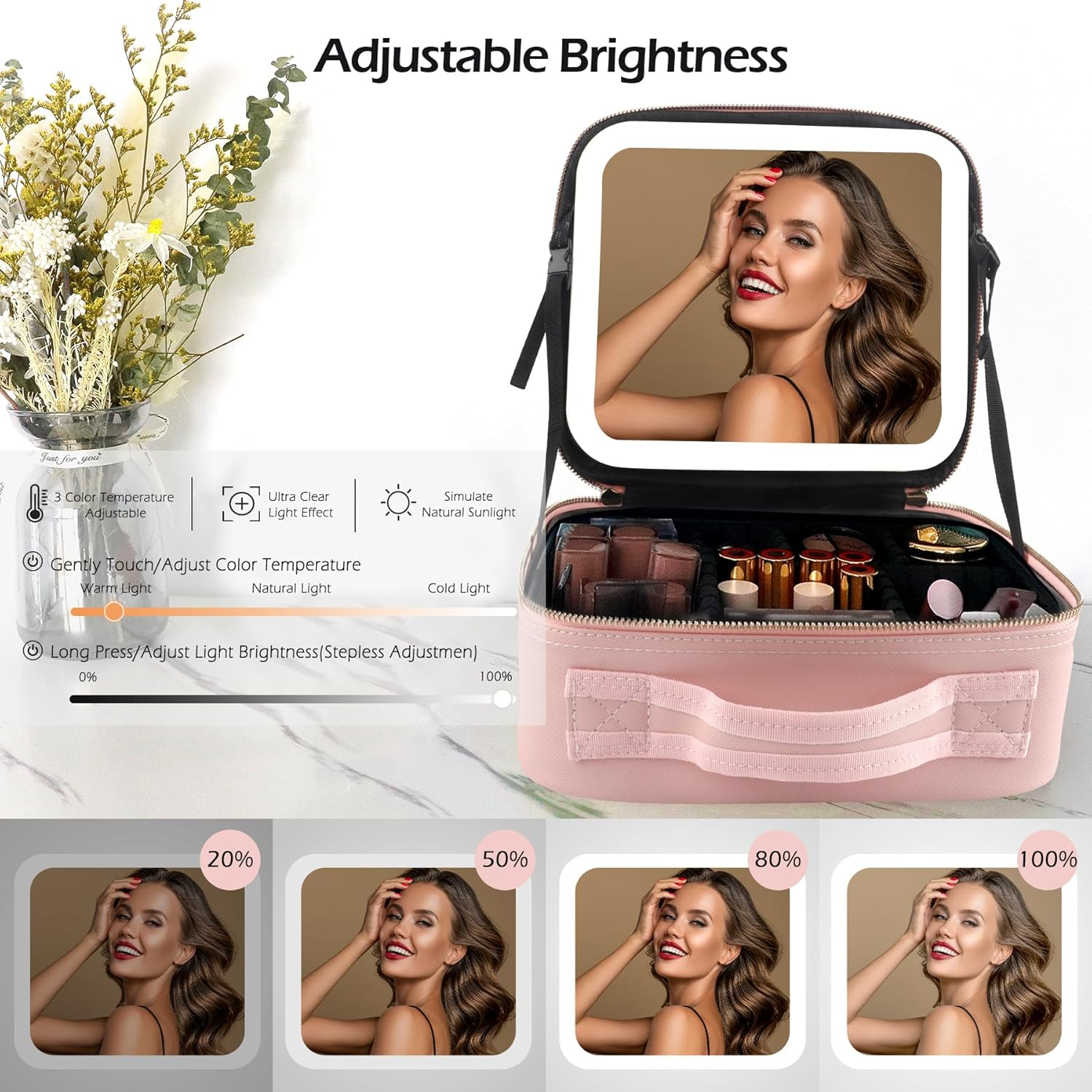 MOMIRA Travel Makeup Bag Cosmetic Bag Makeup Organizer Bag with Lighted Mirror, Adjustable Brightness in 3 Color Scenarios, Waterproof Makeup Train Case - Pink image number 1
