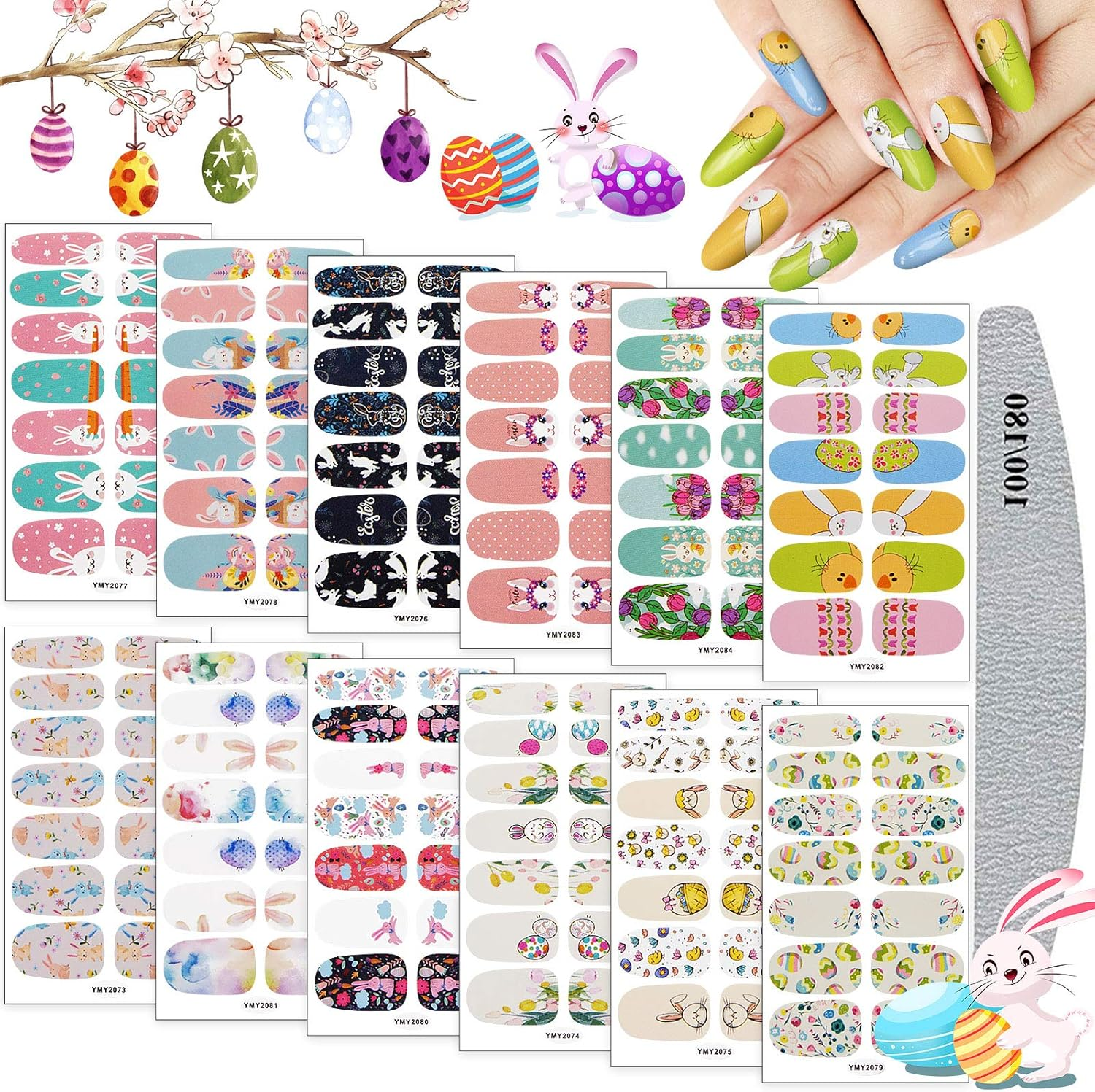 Easter Full Wraps Nail Art Stickers, Kalolary 12 Sheet Easter Self-Adhesive DIY Nail Art Decals Strips Eggs Rabbits Adhesive Nail Decals Manicure Set with Nail File for Women Girls