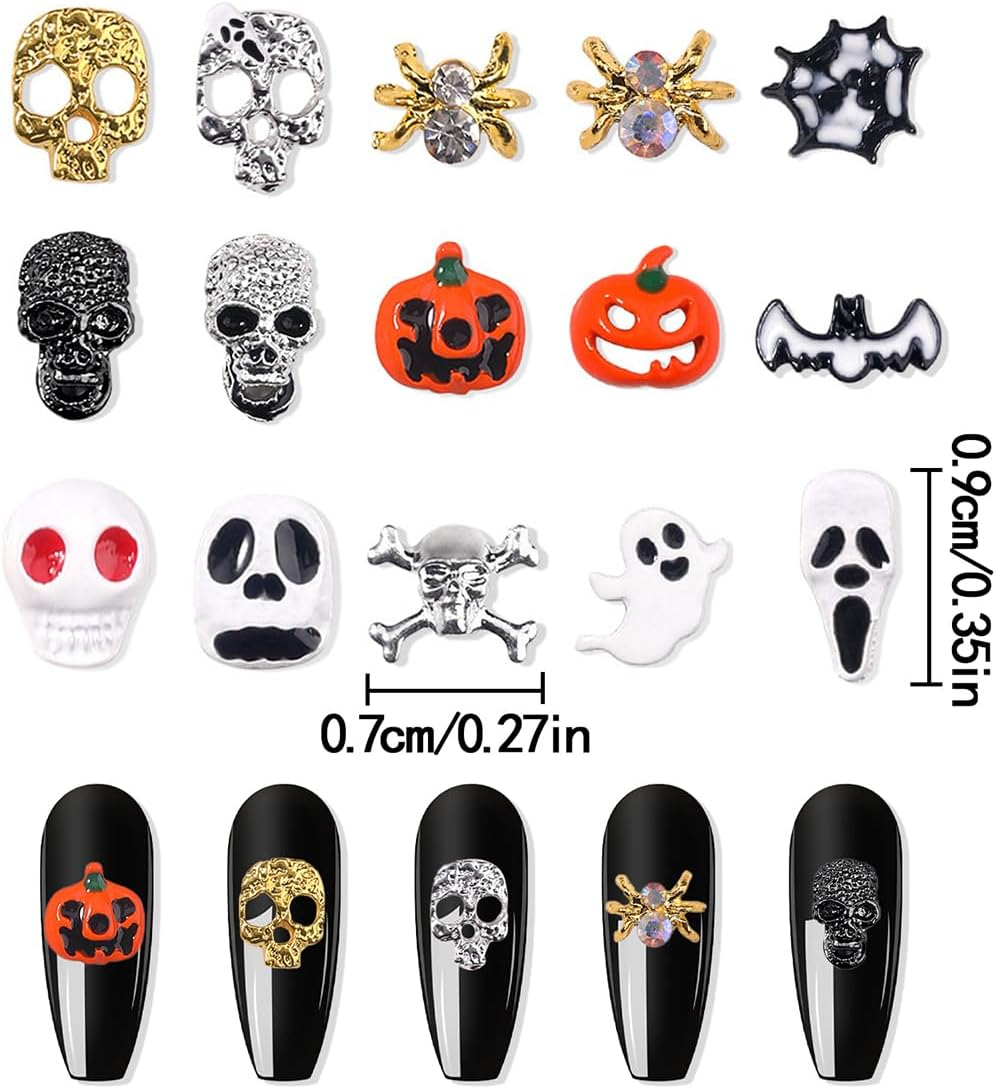 WELANE Halloween Nail Charms, 30 PCS Alloy Skeleton Pumpkin Ghost Spider Nails Decorations for DIY Nail Art, Jewelry Making,Cellphone Decorations (15 Kind) image number 4
