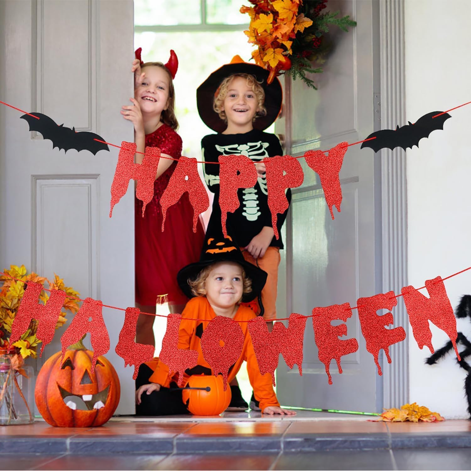 Happy Halloween Banner Red Black Glitter Bat Banner Halloween Hanging Paper Garland Bunting Banner for Halloween Zombie Vampire Haunted Houses Indoor Outdoor Party Decorations Supplies Kit image number 1