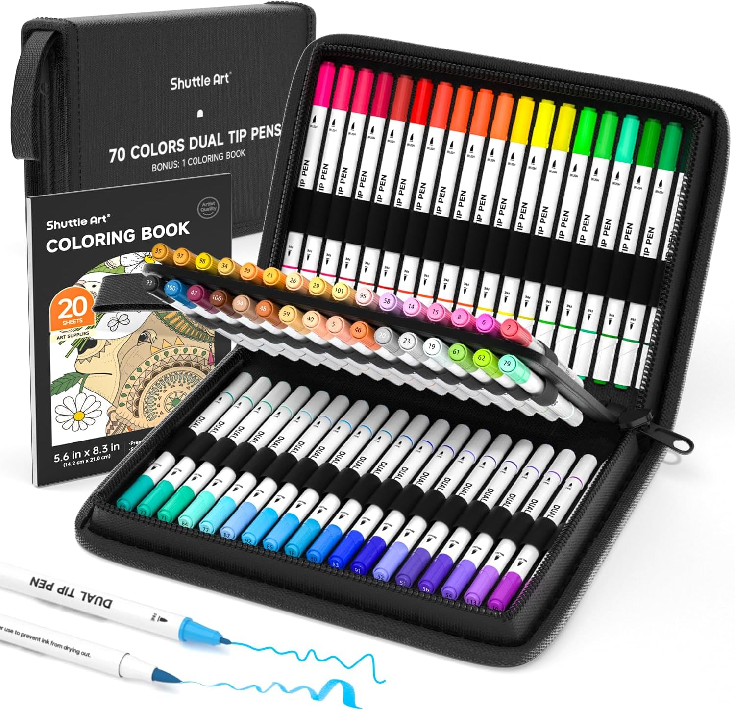 Shuttle Art Dual Tip Brush Pens, 70 Colours Fine and Brush Tip Markers Set with Portable Case & 1 Colouring Book, Felt Tip Colouring Pens for Adults and Children Colouring Calligraphy Journal Doodling