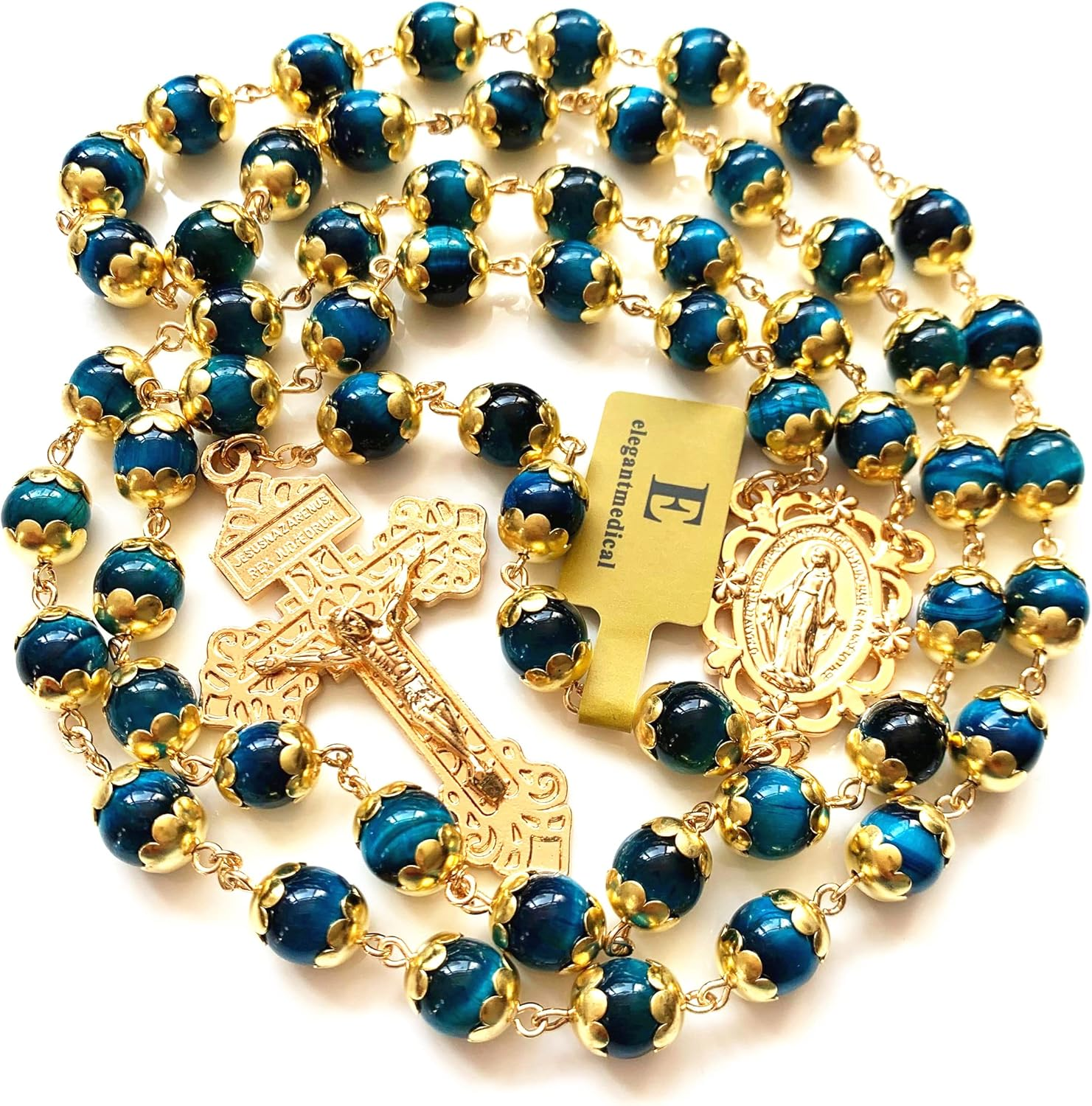 Elegantmedical HANDMADE Tiger Eye Prayer Beads Catholic Rosary Necklace Gift Box Italy Crucifix Gold - Green image number 2