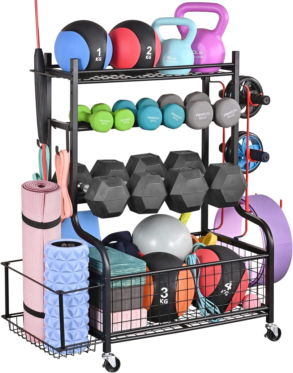 Mythinglogic Dumbbell Rack, Home Gym Storage, Weight Rack for Dumbbells, Yoga Rack, Kettlebells and Yoga Mat Storage, Gym Storage Rack with Wheels and Hooks, Workout Equipment Storage for Fitness And image number 5