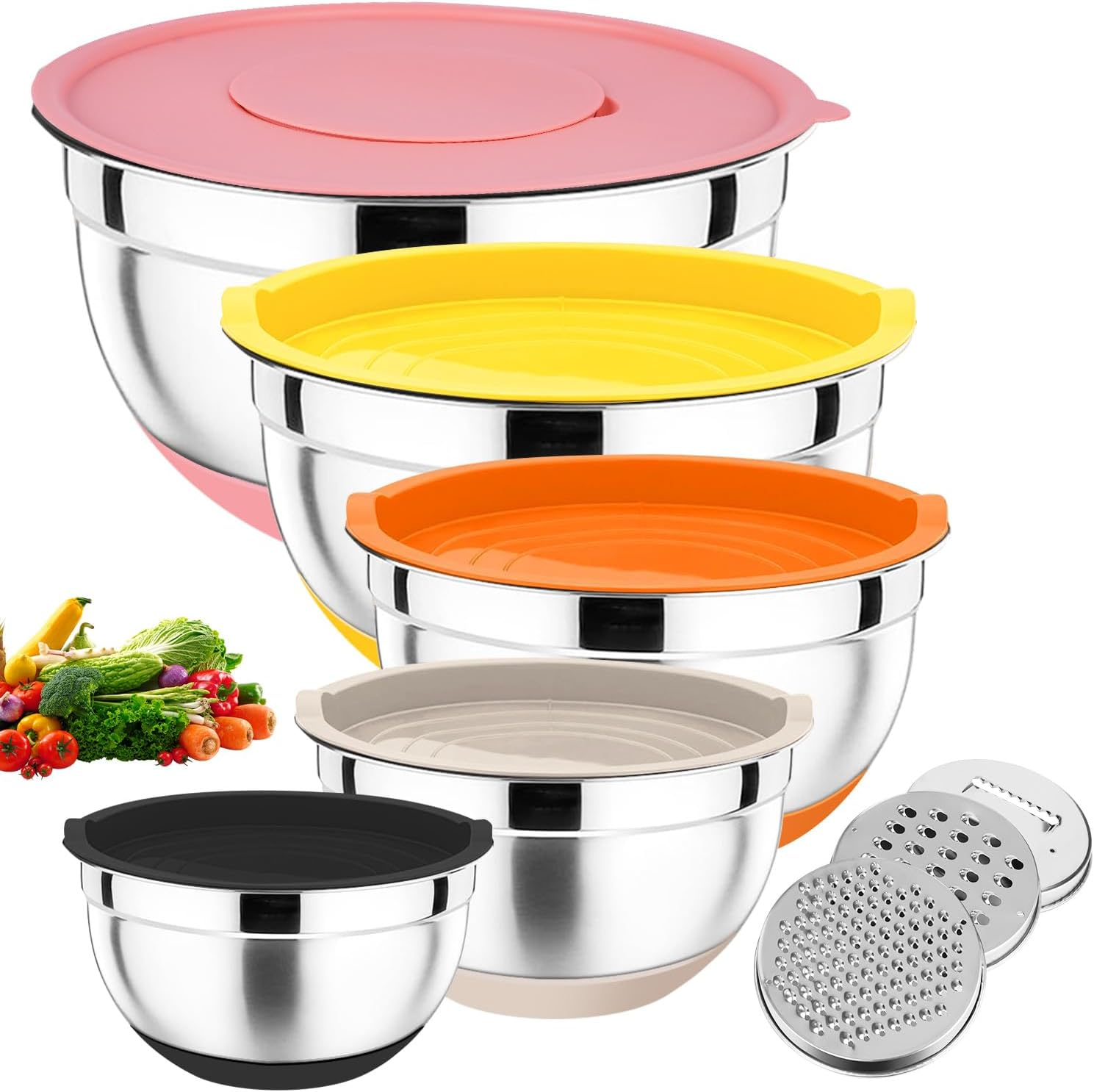 WEKUBA 5-Piece Stainless Steel Mixing Bowls Set with Lids, Non-Slip Silicone Base & 3 Grater Attachments &ndash; Stackable, Dishwasher Safe for Baking & Meal Prep image number 4