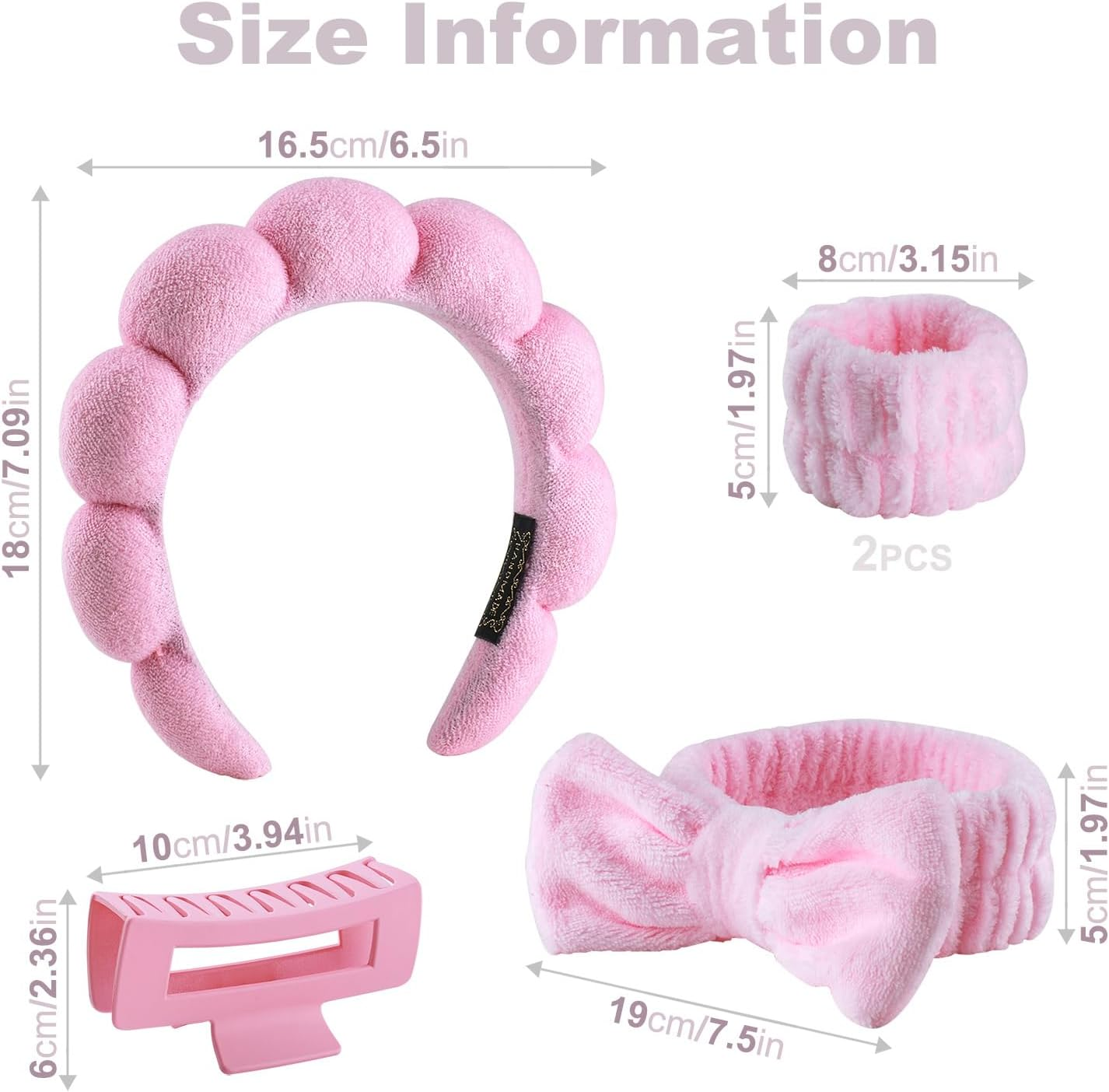 5-Piece Spa Facial & Hair Care Set &ndash; Pink Hair Clips, Terry Cloth Headband, Wristband, Elastic Band & Plush Sponge Makeup Headband image number 6