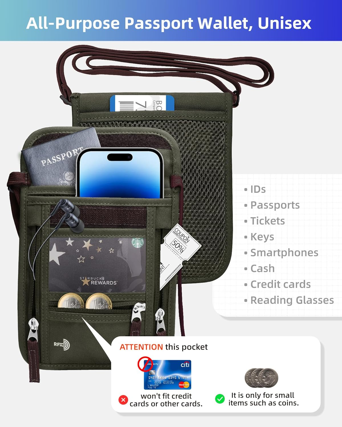 WALNEW Passport Holder Neck Pouch Travel Neck Wallet with RFID Blocking - 7 Pockets with Adjustable Neck Strap to Keep Your Passport Document and Credit Card Safe (Army Green)