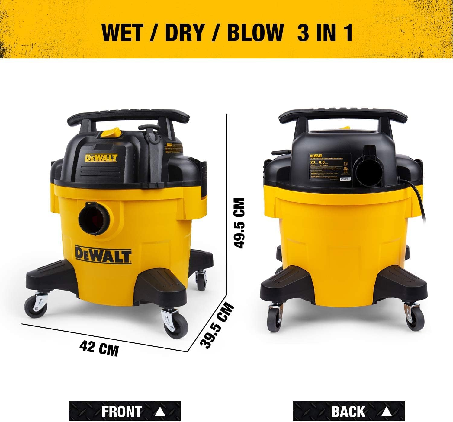 Dewalt 1150W 23L Wet and Dry Vacuum - 4HP Motor Vacuum Cleaner with 2.1M Hose with 4 Nozzle Attachments - Heavy Duty Casters and Large Capacity Polyurethane Tub - DXV23P image number 2