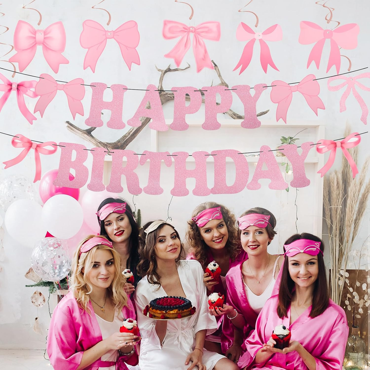 Bow Happy Birthday Banner, Pink Bow Birthday Garland Bow Birthday Banner for Women Girls Birthday Party Decoration image number 4