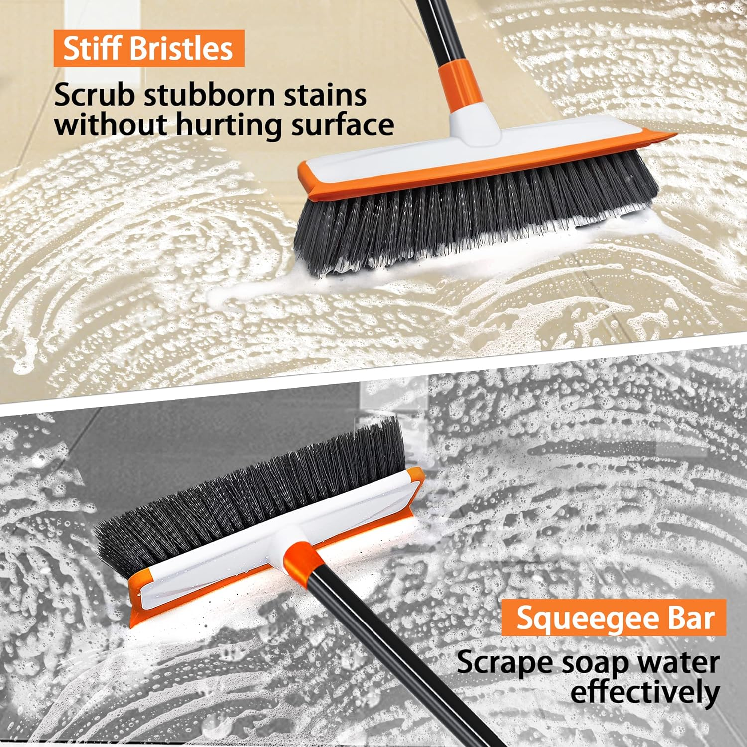 JEHONN Floor Scrubbing Brush 138 Cm Telescopic Long Handle Garden Patio Deck Cleaning Brush Stiff Broom Scrubber with Squeegee, Indoor Outdoor Sweeping Brush for Bathroom, Shower Wall, Swimming Pool image number 3
