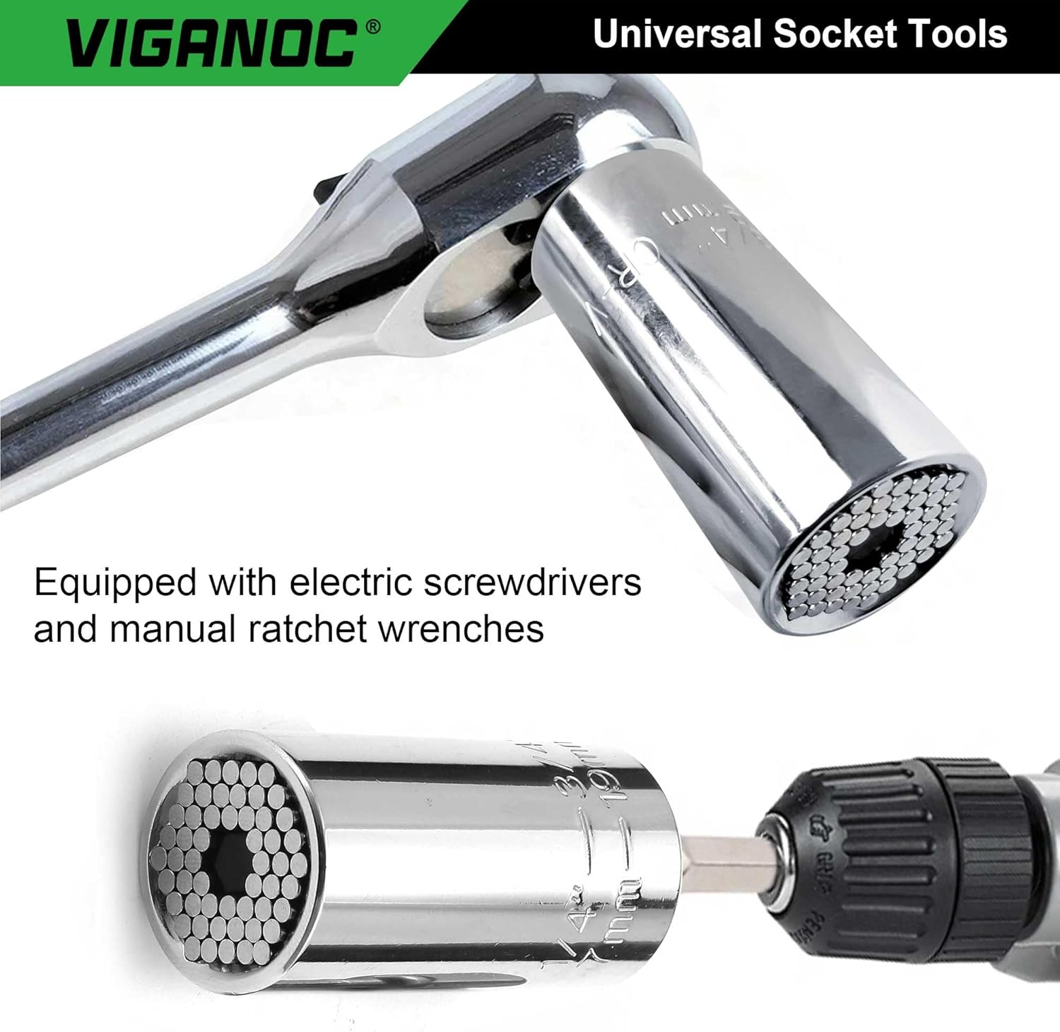 Viganoc Super Universal Socket Tools with Power Drill Adapter, 1/4" - 3/4" Standard and 7-19Mm Metric, Silver image number 5