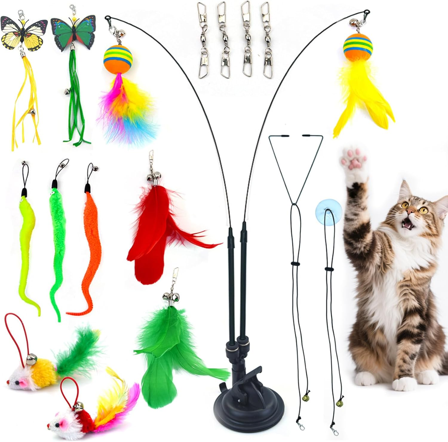 Pearyaest 20 Pack Cat Toys for Indoor Cats,4-In-1 Interactive Feather Teaser Cat Toy Set,Interactive Cat Toy with Rotatable Suction Cup,Replacement Hooks,Caterpillar,Butterfly,Rainbow Ball image number 2