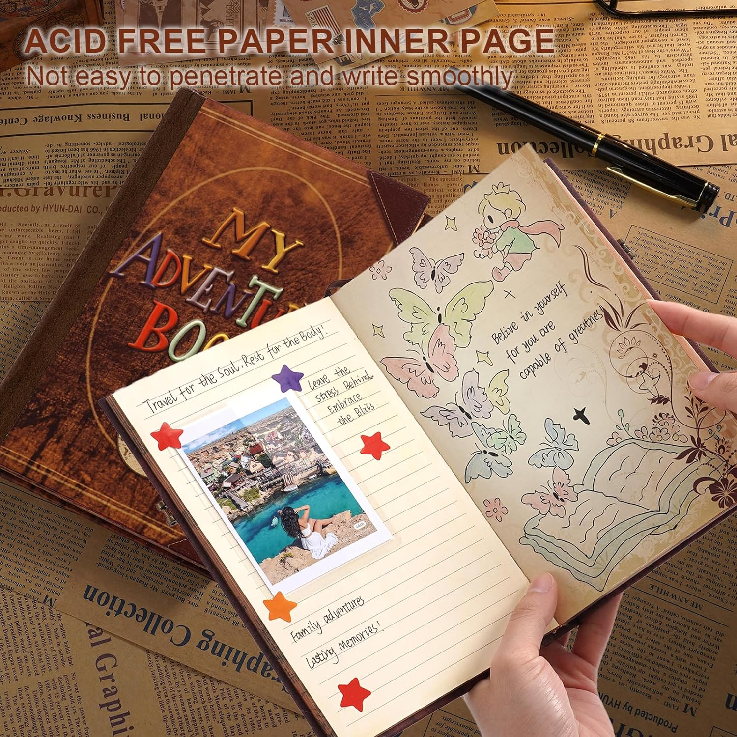 My Adventure Book Leather Scrapbook Photo Album - 164 Acid-Free Pages, Vintage Travel Journal for Anniversaries, Vacations & Date Nights, Pocket-Sized Memory Book, Gift for Couples, Him & Her image number 4