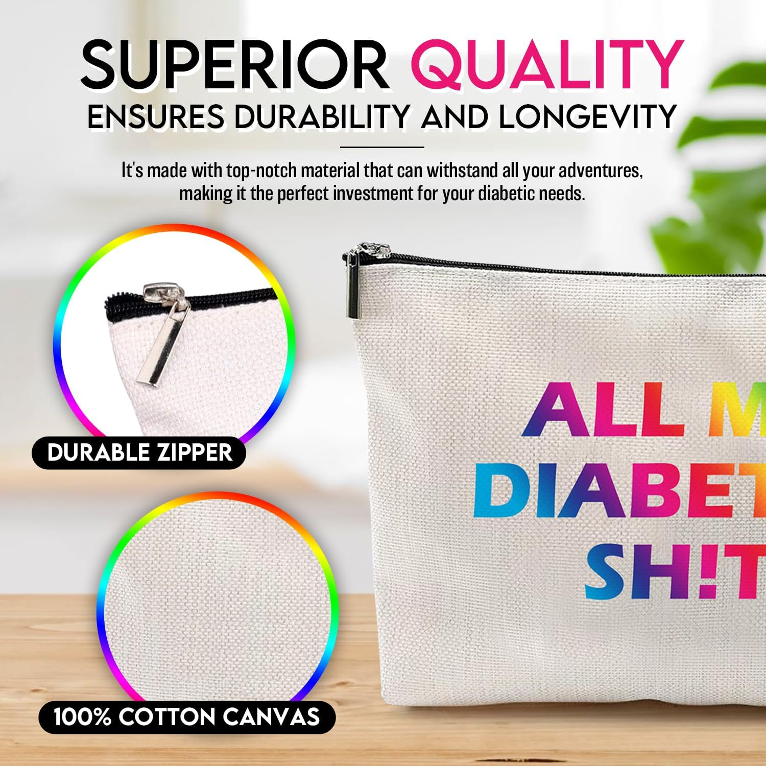 Travel Diabetic Case - Colourful, Witty Design, Durable 100% Cotton Canvas with Bonus Keychain - Perfect for Diabetic Supplies, Cosmetics, Toiletries, Makeup Brushes - Lightweight Travel Buddy image number 3