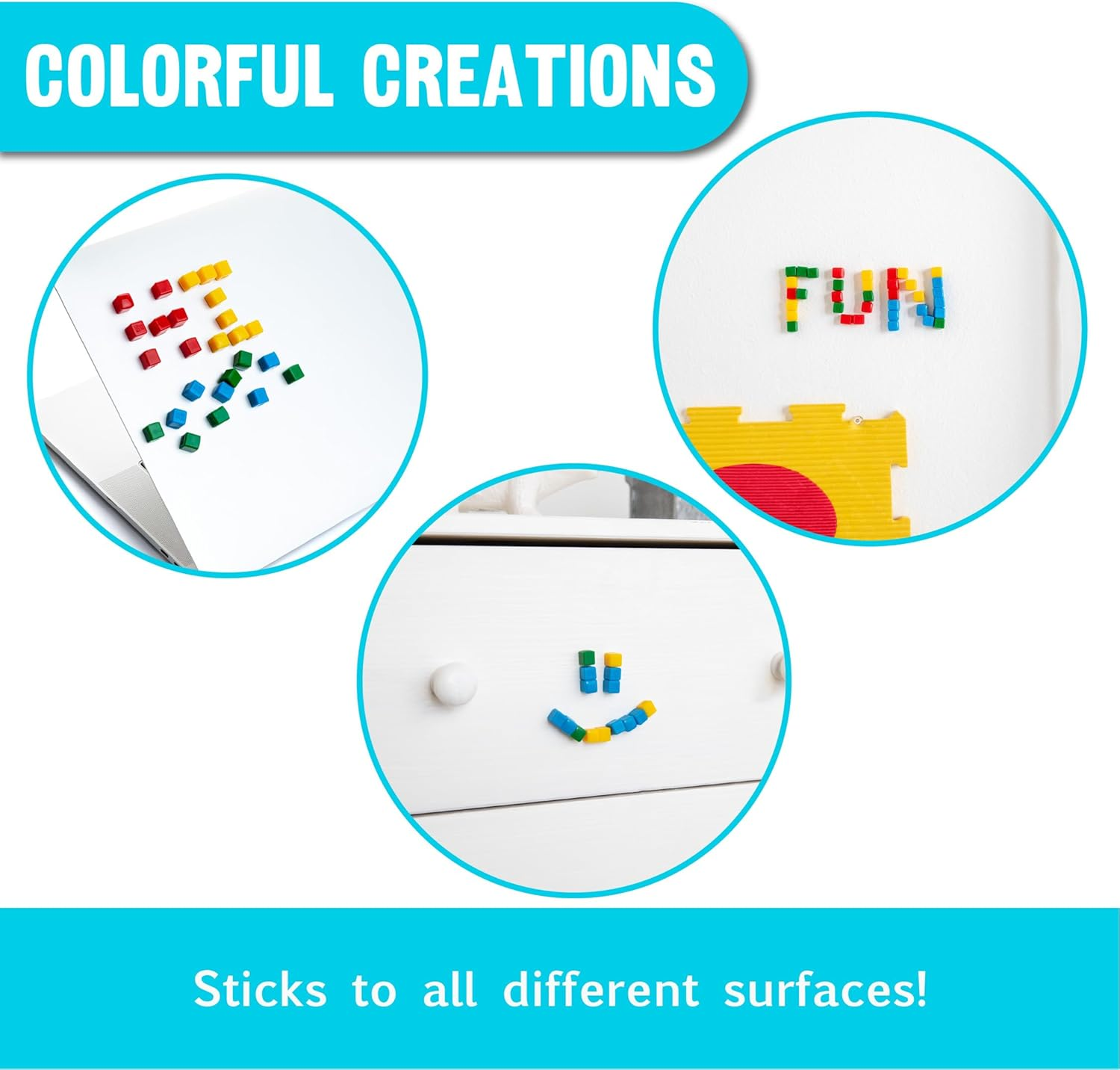 KOMARC GAMES Stickikubes - Mini Stacking Cubes That Stick to Anything - 125 Cubes in 4 Colors - Plastic Tub - Non Toxic Kid Safe image number 3