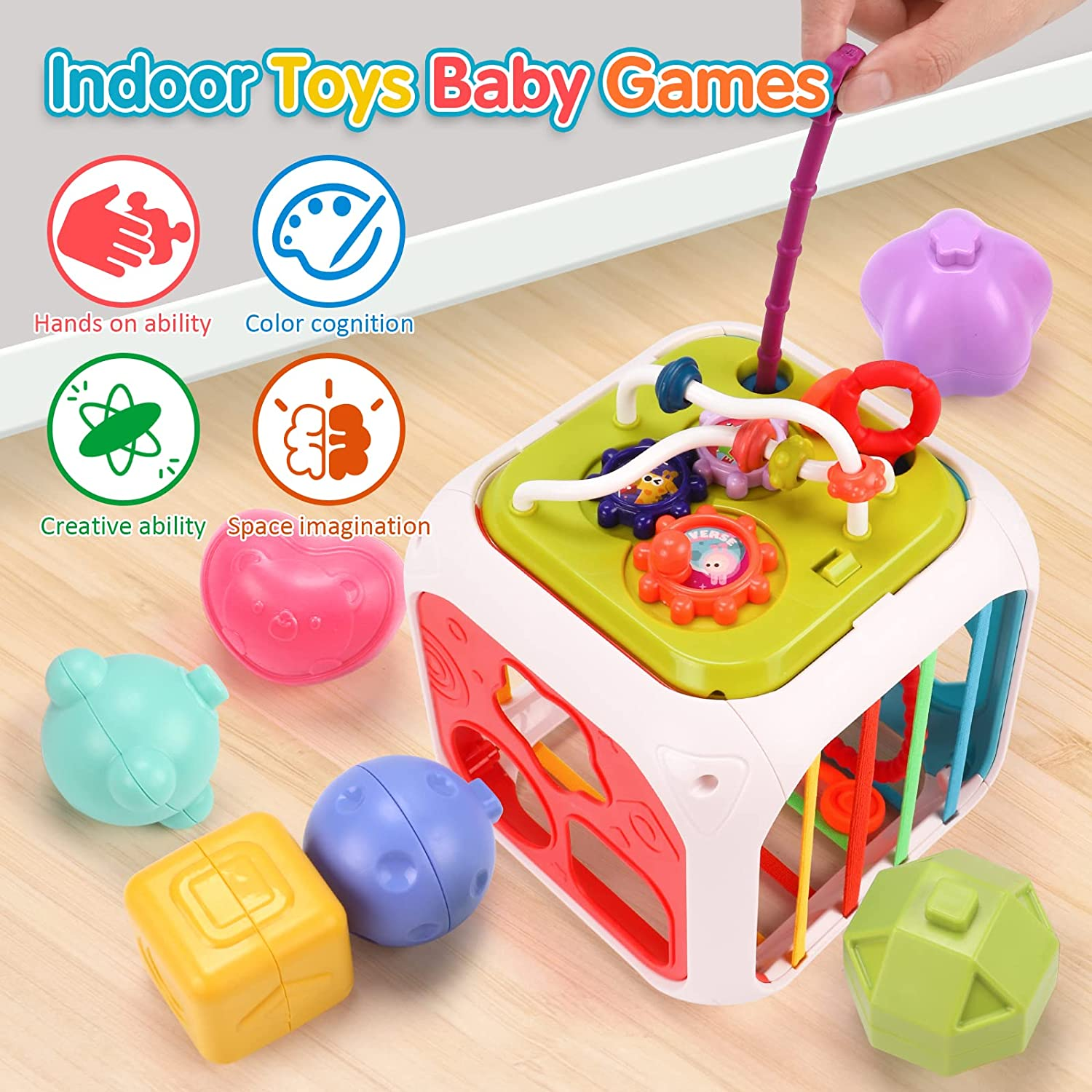 Qizebaby Montessori Toys for Babies 0-3-6-12 Months，Baby Stacking Toys Games，Shape Sorter Toddler Toys with Storage Cube，Kid Boy Girl Birthday Gifts