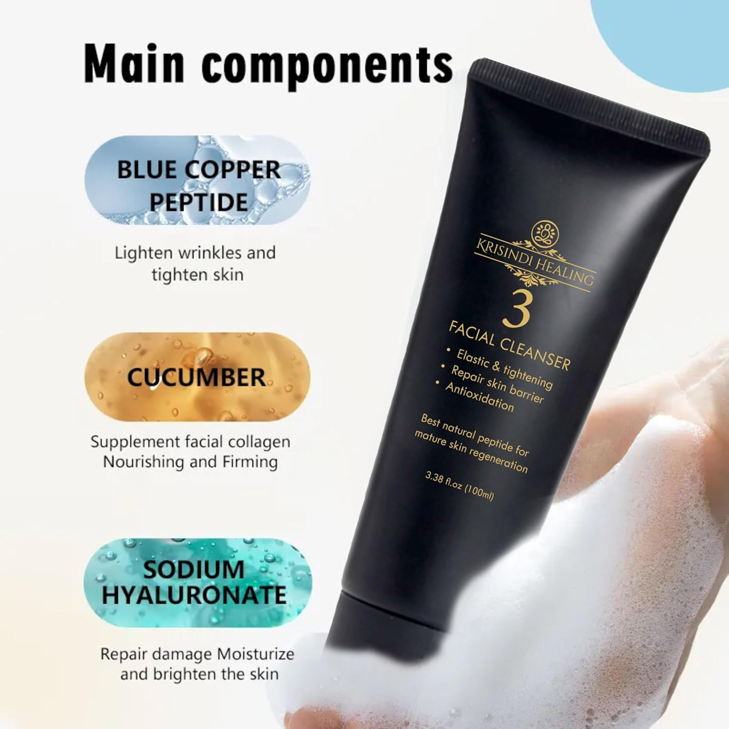 3 Facial Cleanser by Krisindi Healing, 100Ml Cream Cleanser for Mature Skin Ghk-Cu Peptide Niacinamide Amino Acids Gentle Daily Cleanser for Radiant Balanced Skin Gently image number 3