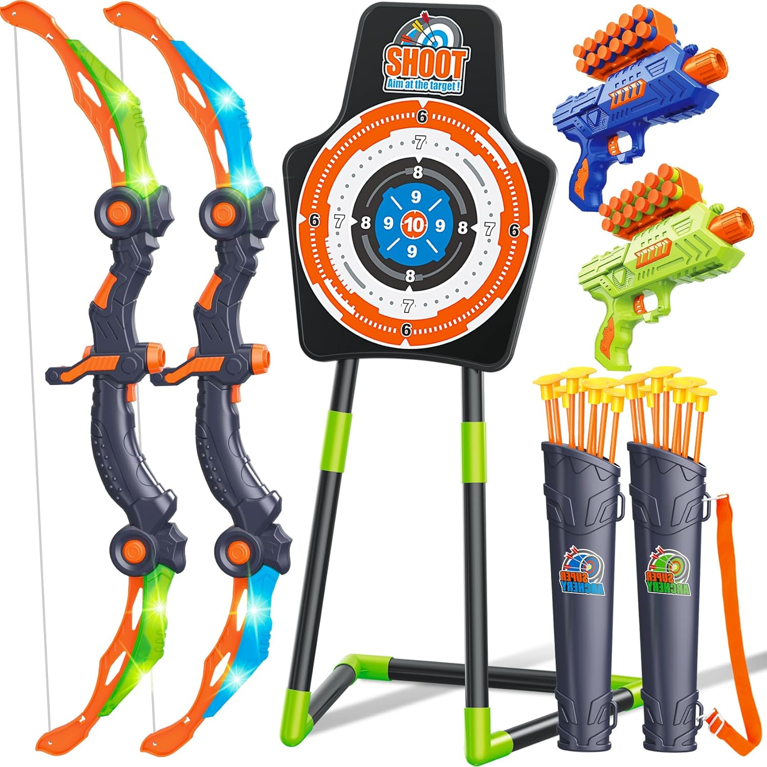 GMAOPHY 2 Pack Bow and Arrow for 5 6 7 8 9 10 11+ Year Old Boys, Birthday Kids, Indoor Outdoor Activity Toys, LED Light up Archery Toy with 20 Suction Cup Arrows, Standing Target & 2 Quiver image number 2