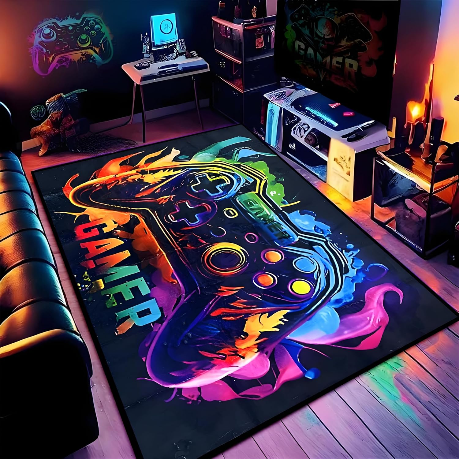 Gaming Rug Plush Playmat for Boy Room, Non-Slip 3D Gamer Flannel Play Mat Carpet, 160X120Cm Activity Area Rugs for Playroom,Livinroom, Bedroom Floor Mat Decor