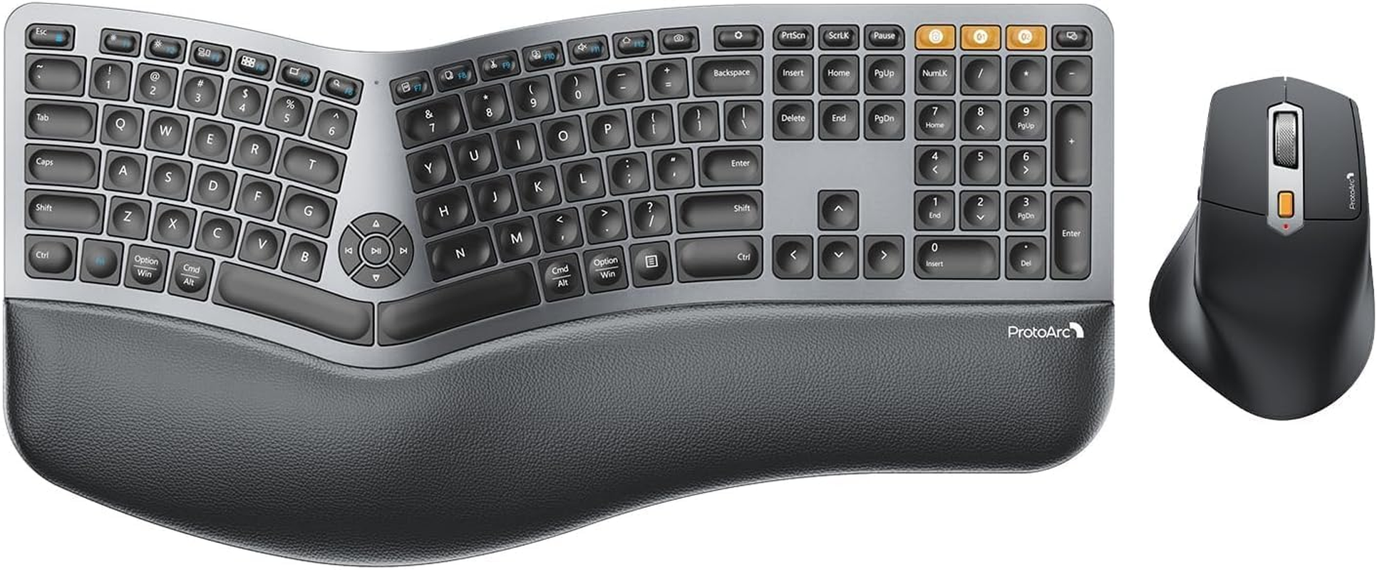 Protoarc Ergonomic Keyboard Mouse, Full Size Wireless Bluetooth Ergo Keyboard Mouse Combo, Cushioned Palm Rest, Split Design, Rechargeable, Compatible for Windows, Mac OS - Gray and Black image number 3